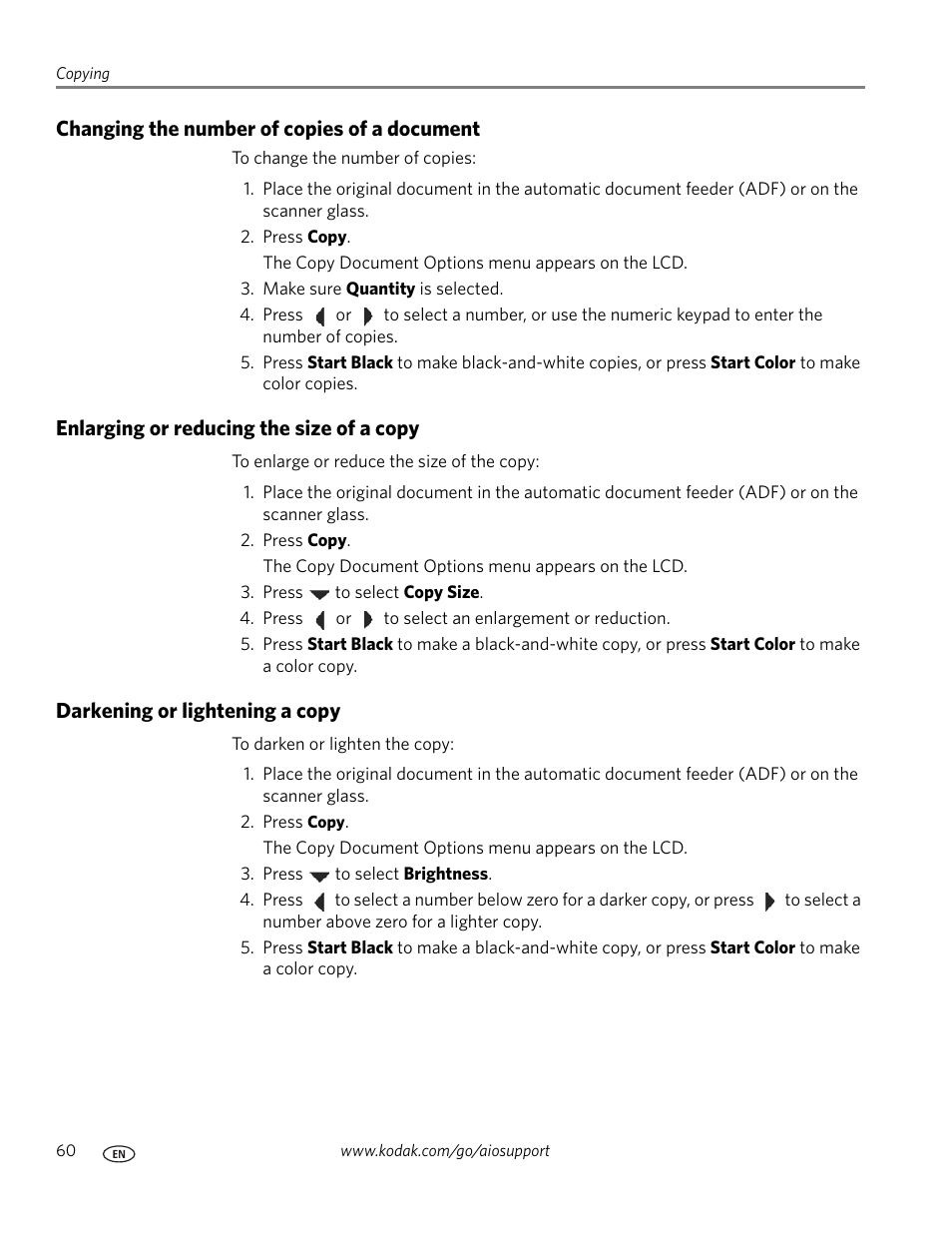 Changing the number of copies of a document, Enlarging or reducing the size of a copy, Darkening or lightening a copy | Kodak ESP OFFICE 2100 User Manual | Page 66 / 137