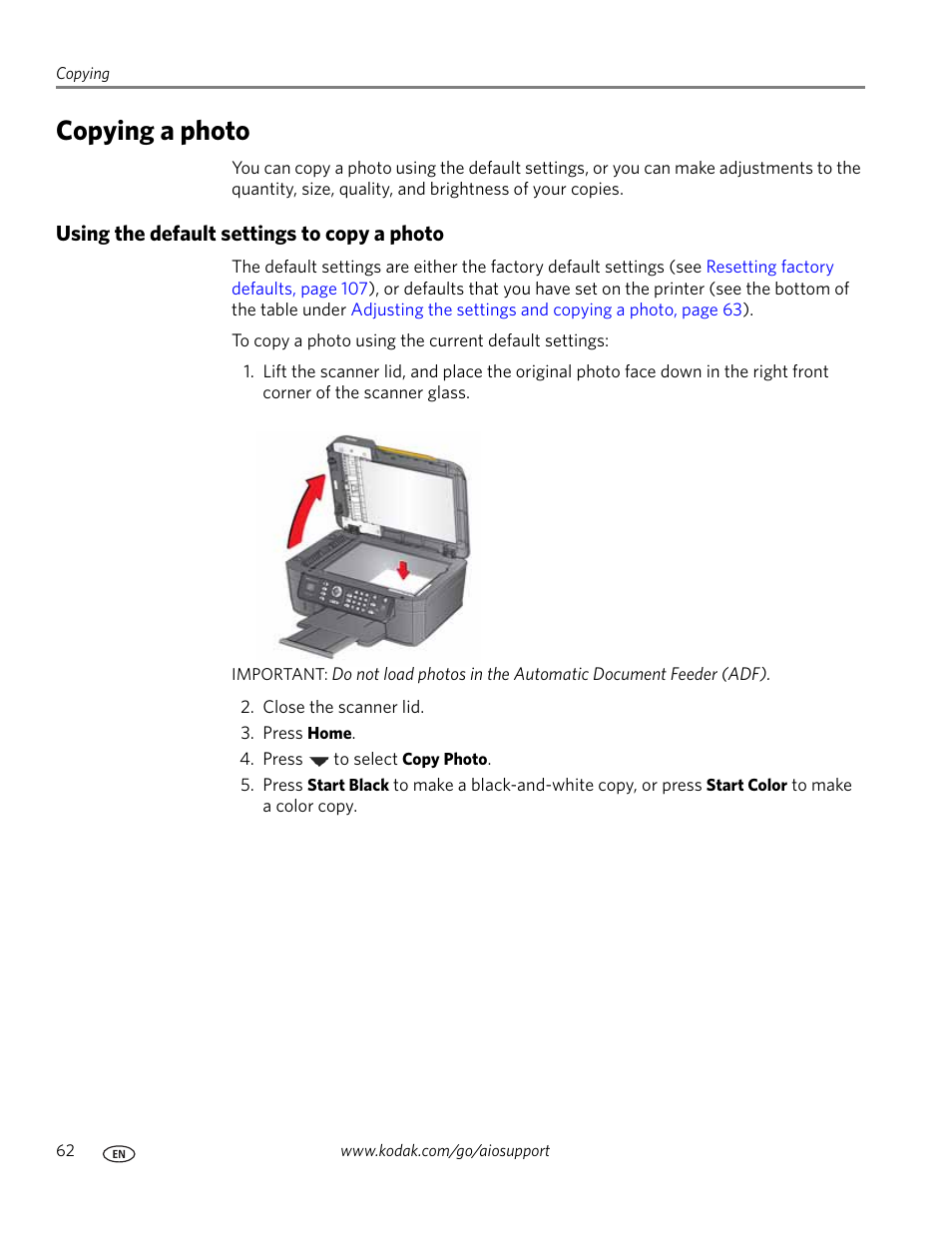 Copying a photo, Using the default settings to copy a photo | Kodak ESP OFFICE 2100 User Manual | Page 68 / 137