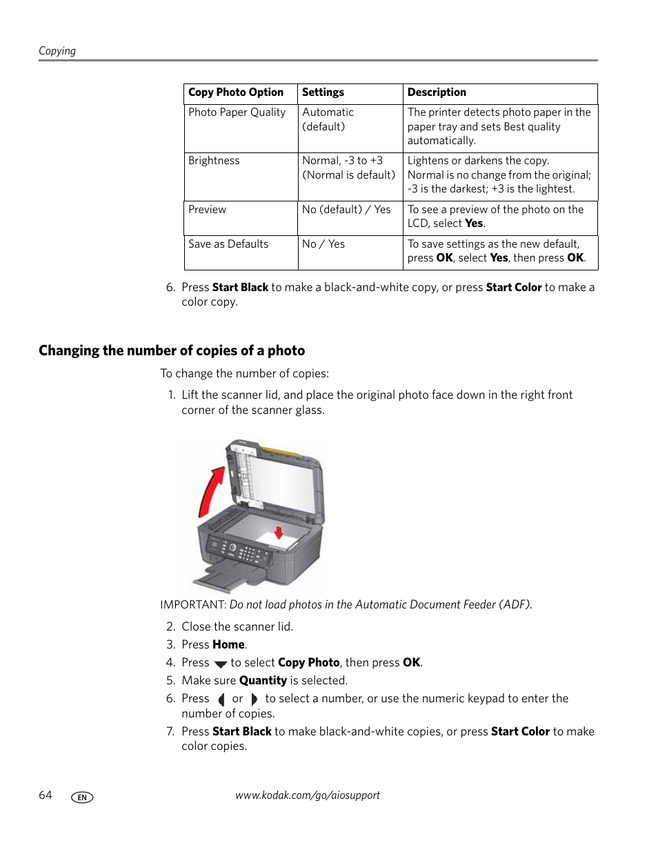 Changing the number of copies of a photo | Kodak ESP OFFICE 2100 User Manual | Page 70 / 137