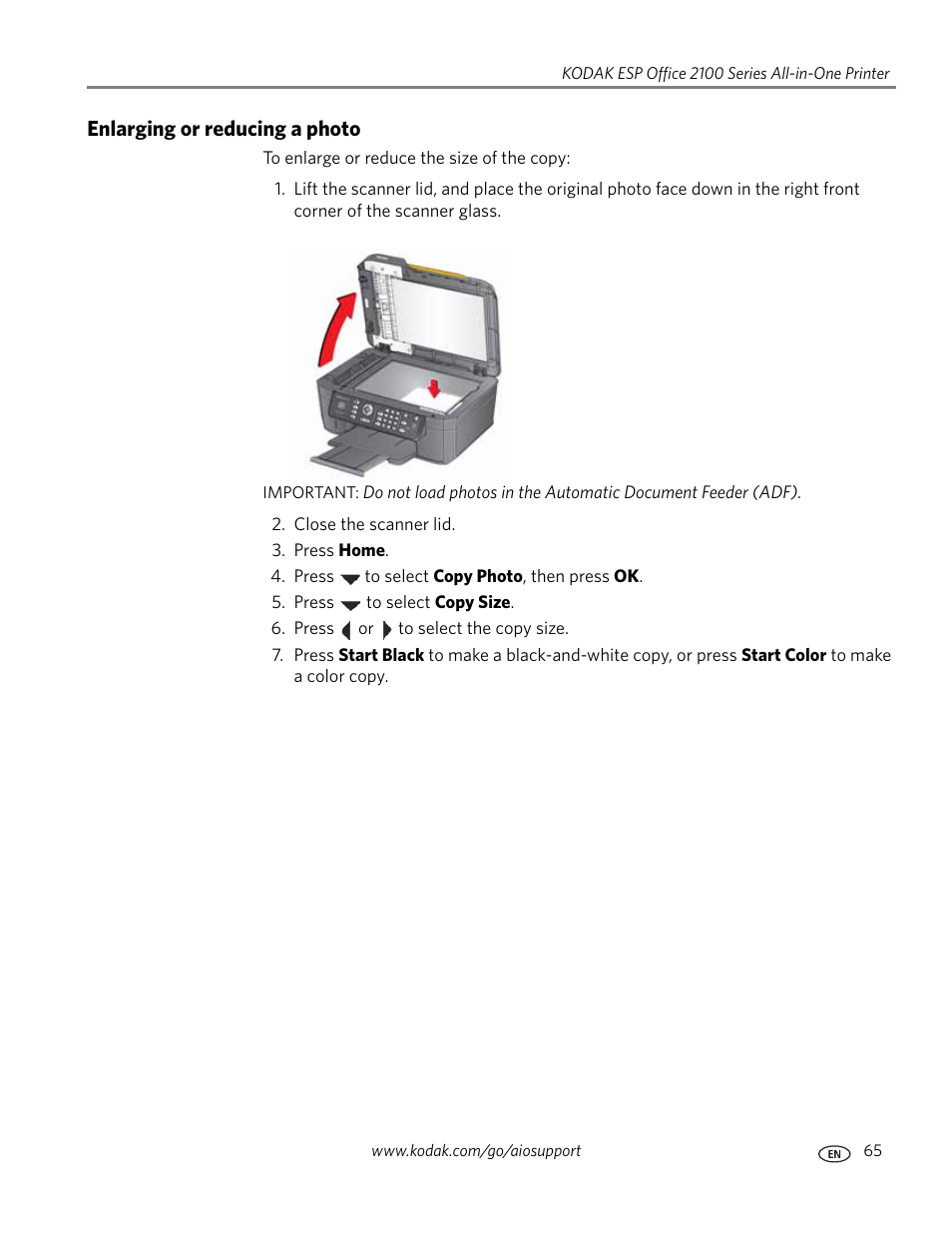 Enlarging or reducing a photo | Kodak ESP OFFICE 2100 User Manual | Page 71 / 137