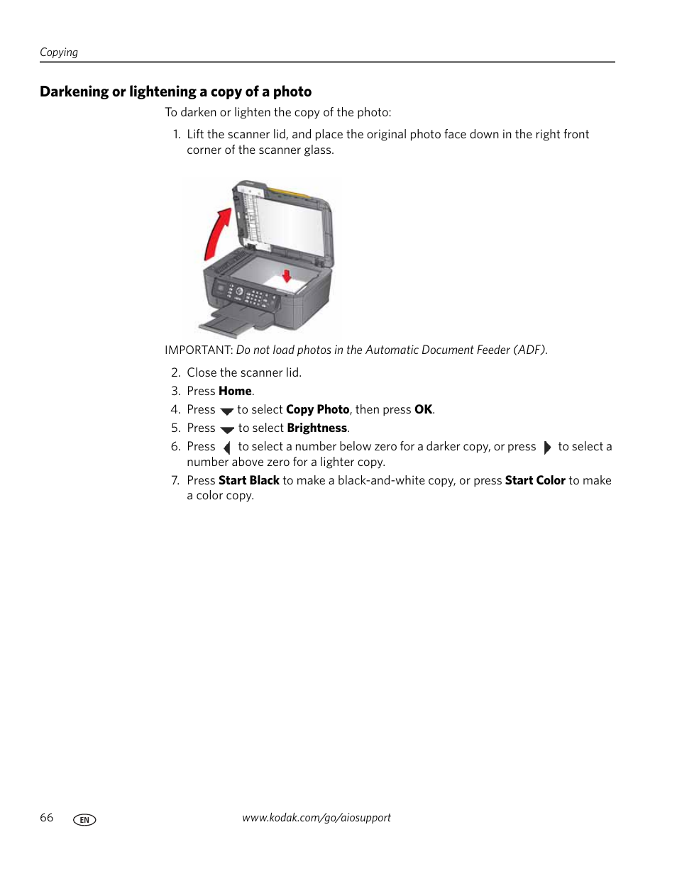 Darkening or lightening a copy of a photo | Kodak ESP OFFICE 2100 User Manual | Page 72 / 137