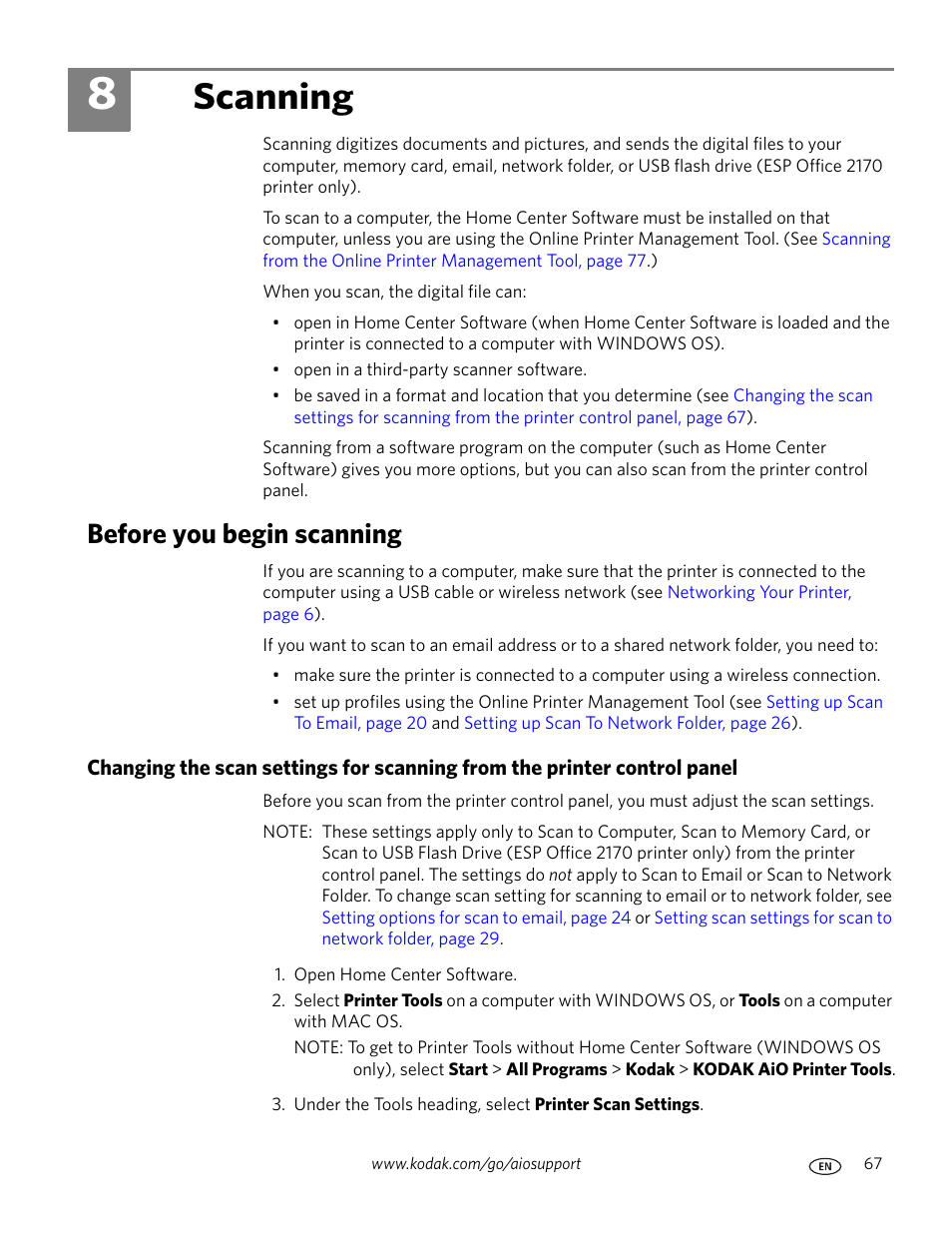 Scanning, Before you begin scanning, 8 scanning | Kodak ESP OFFICE 2100 User Manual | Page 73 / 137