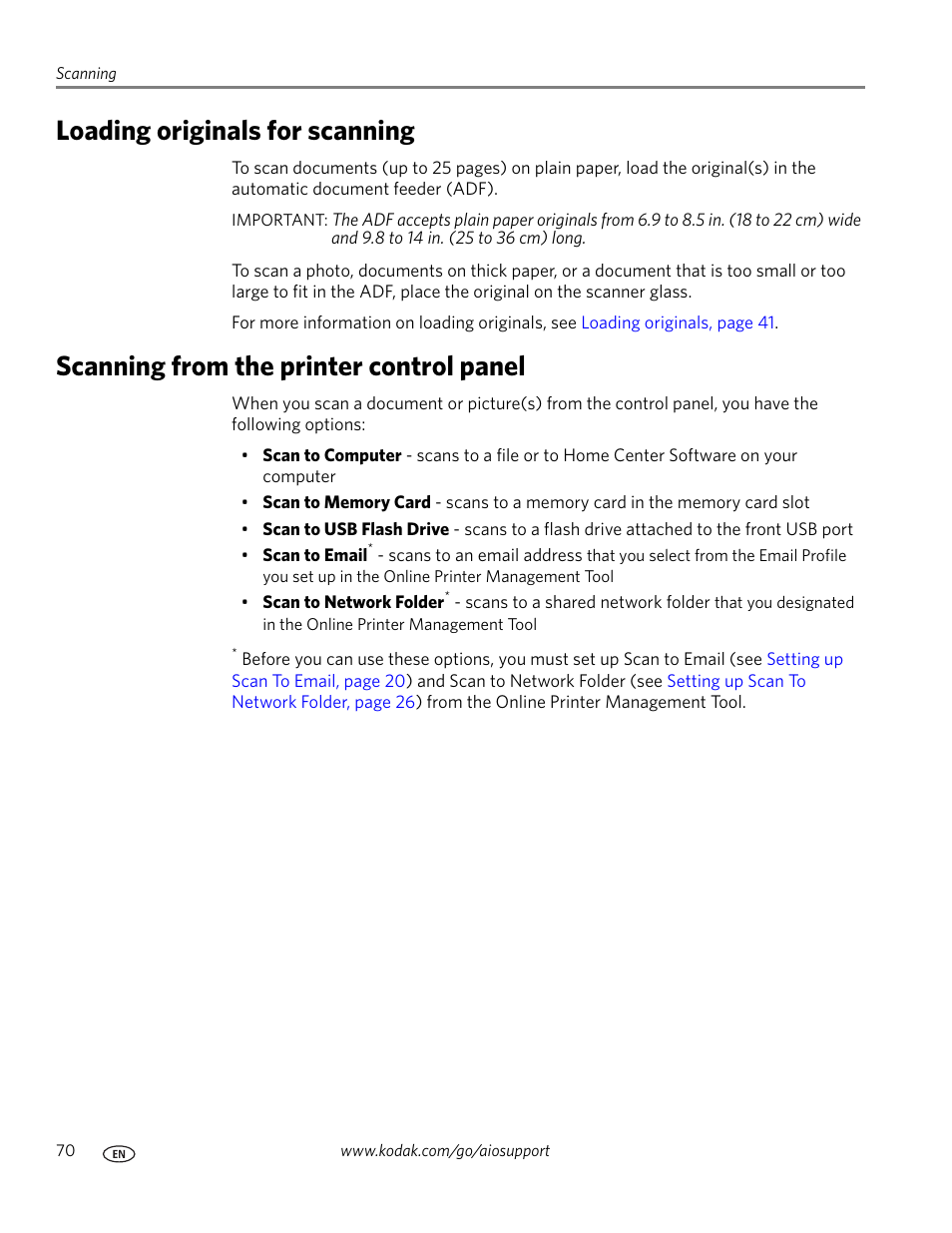 Loading originals for scanning, Scanning from the printer control panel | Kodak ESP OFFICE 2100 User Manual | Page 76 / 137