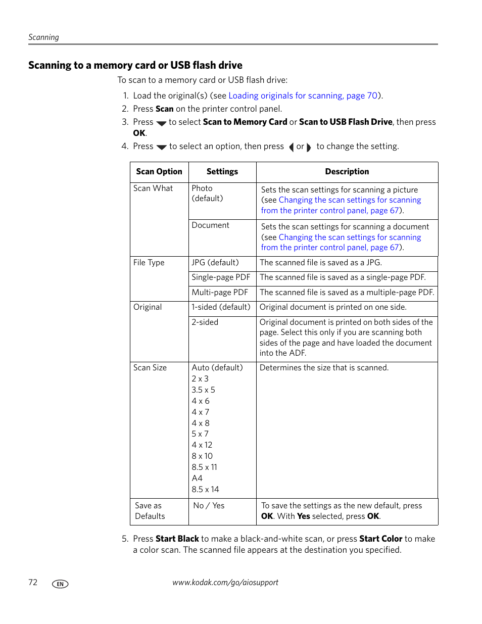 Scanning to a memory card or usb flash drive | Kodak ESP OFFICE 2100 User Manual | Page 78 / 137