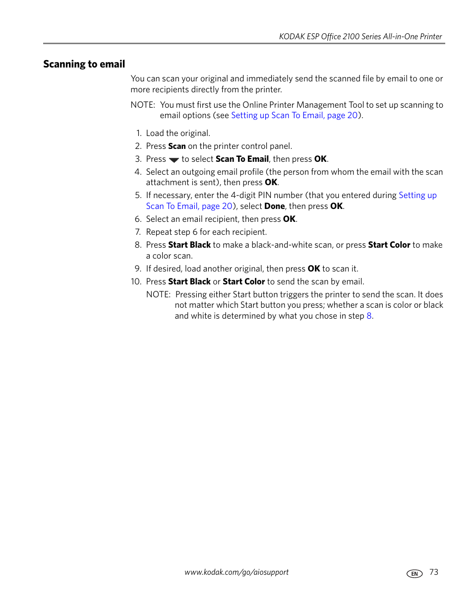 Scanning to email | Kodak ESP OFFICE 2100 User Manual | Page 79 / 137