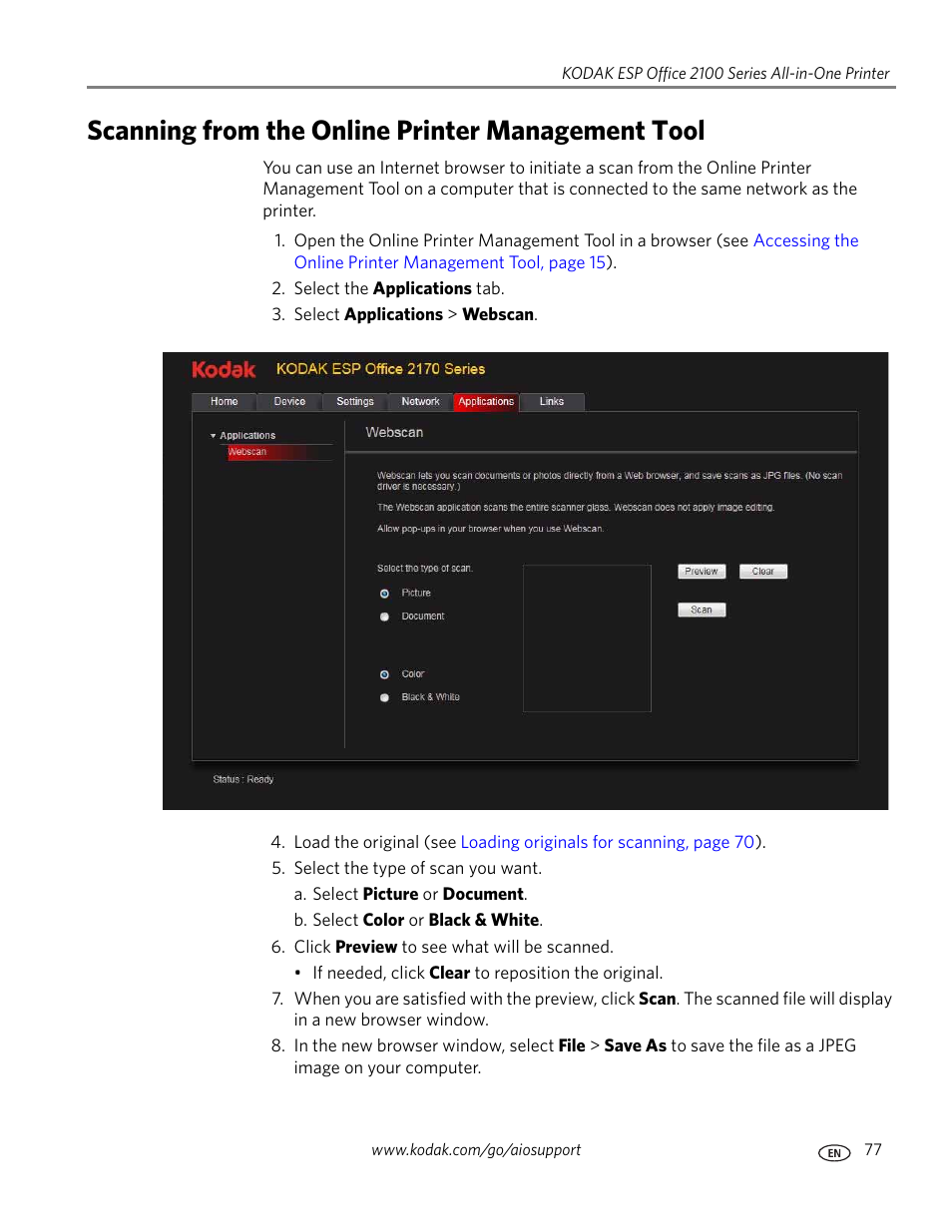 Scanning from the online printer management tool, Scanning | Kodak ESP OFFICE 2100 User Manual | Page 83 / 137