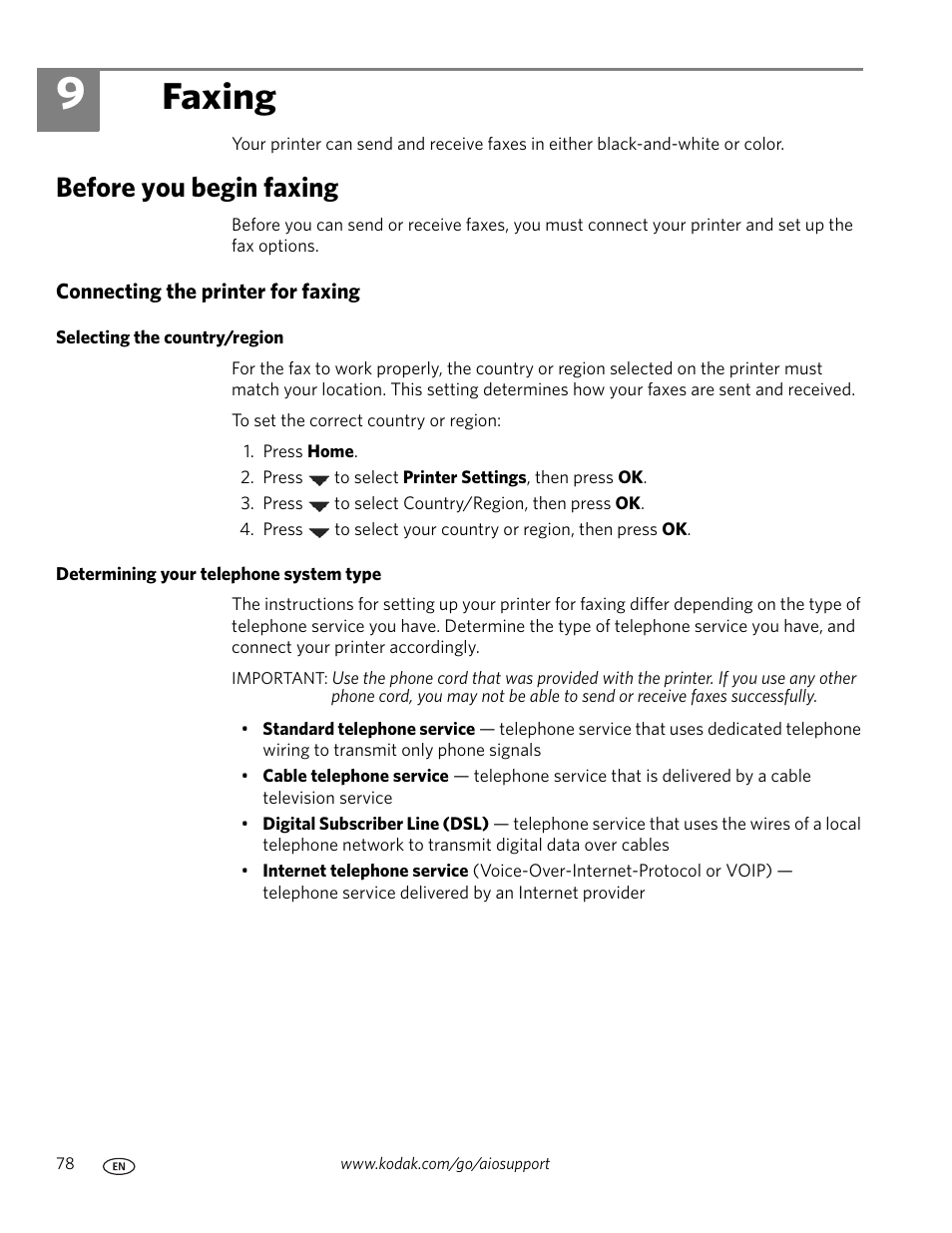 Faxing, Before you begin faxing, Connecting the printer for faxing | Selecting the country/region, Determining your telephone system type, 9 faxing | Kodak ESP OFFICE 2100 User Manual | Page 84 / 137