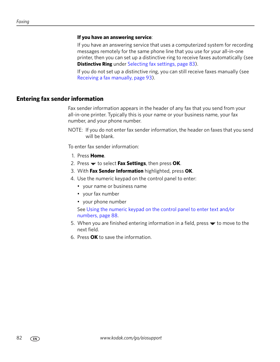 Entering fax sender information, Ion, see, Entering fax sender | Kodak ESP OFFICE 2100 User Manual | Page 88 / 137