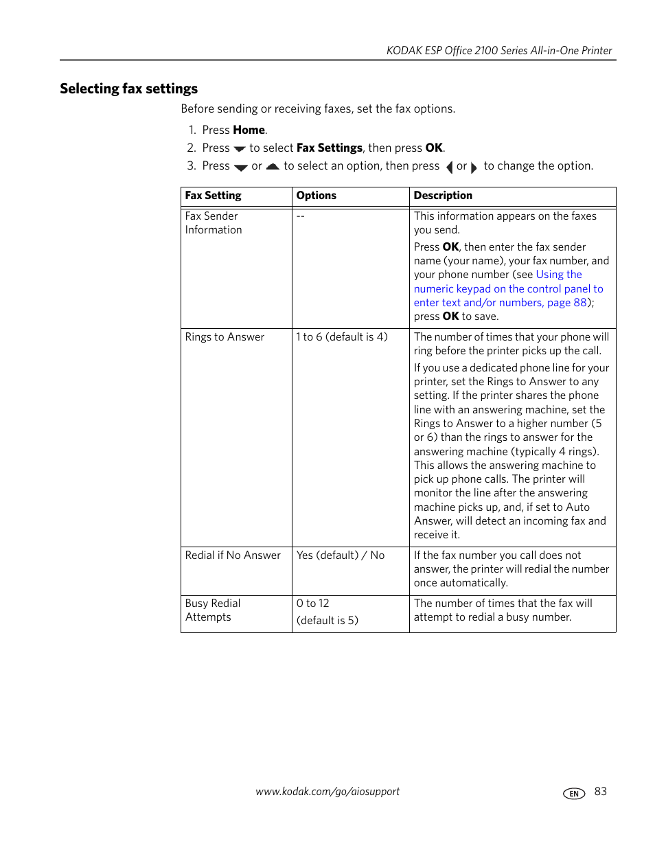 Selecting fax settings | Kodak ESP OFFICE 2100 User Manual | Page 89 / 137