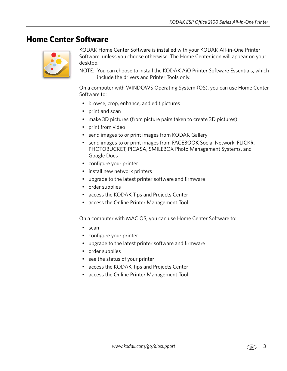 Home center software | Kodak ESP OFFICE 2100 User Manual | Page 9 / 137