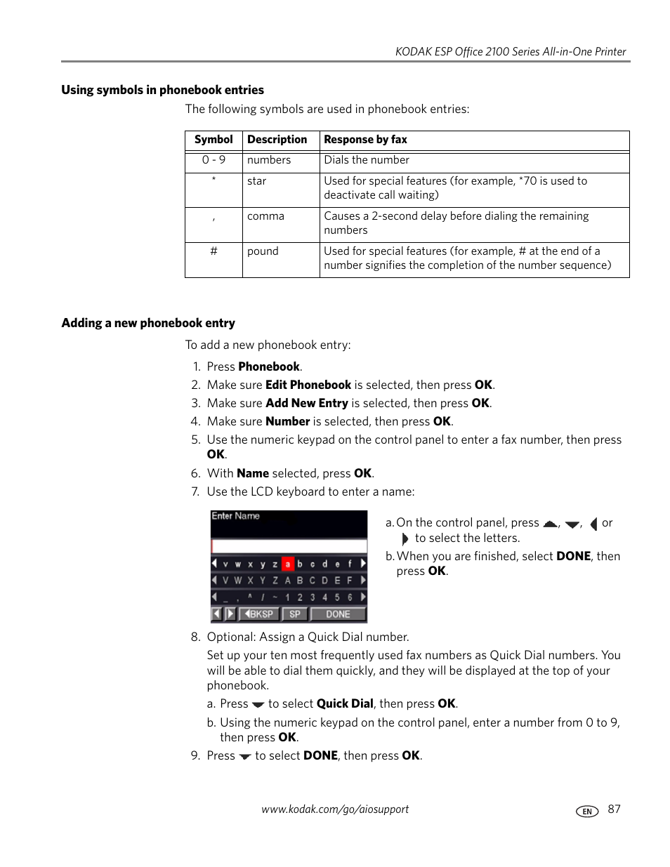 Using symbols in phonebook entries, Adding a new phonebook entry | Kodak ESP OFFICE 2100 User Manual | Page 93 / 137