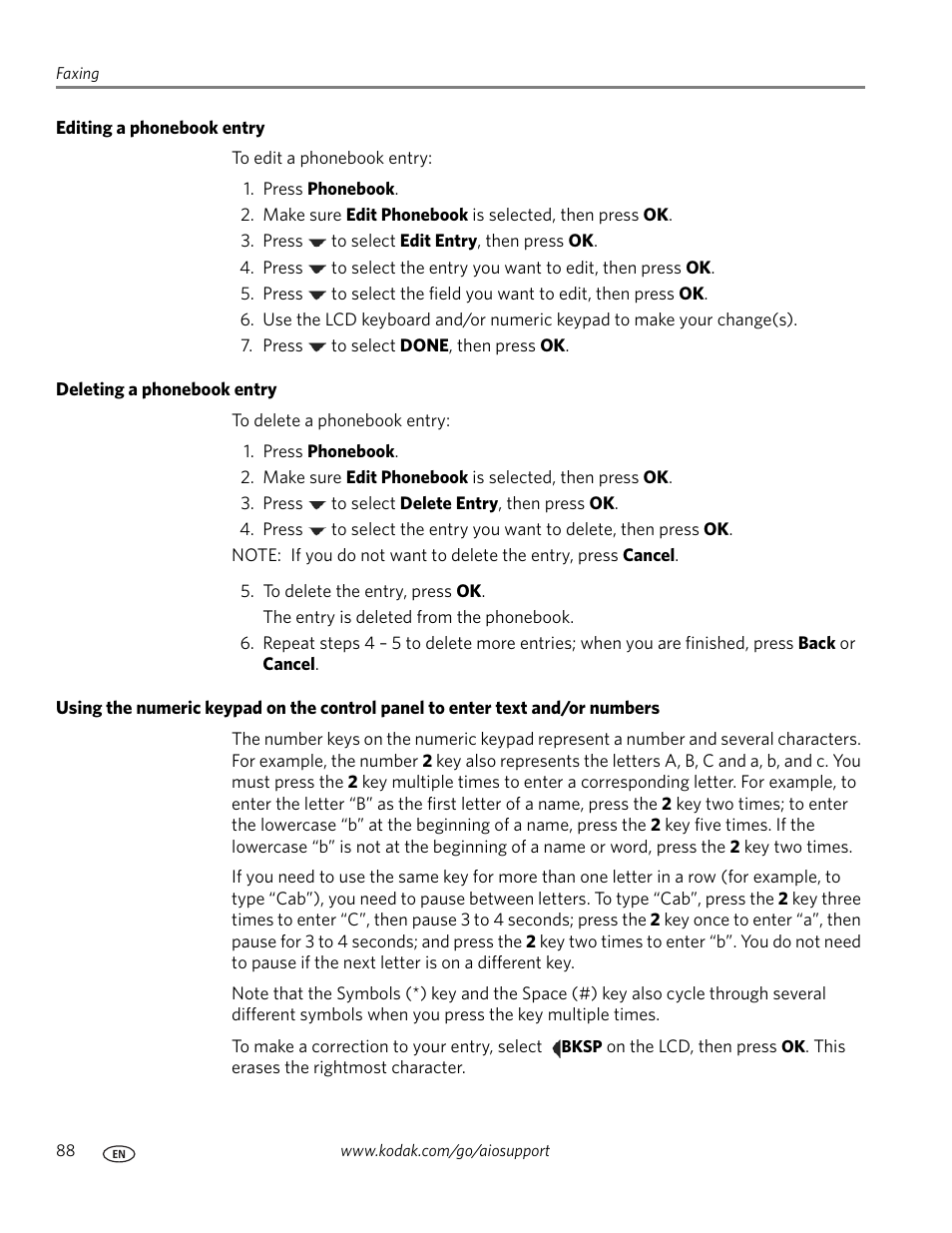 Editing a phonebook entry, Deleting a phonebook entry | Kodak ESP OFFICE 2100 User Manual | Page 94 / 137