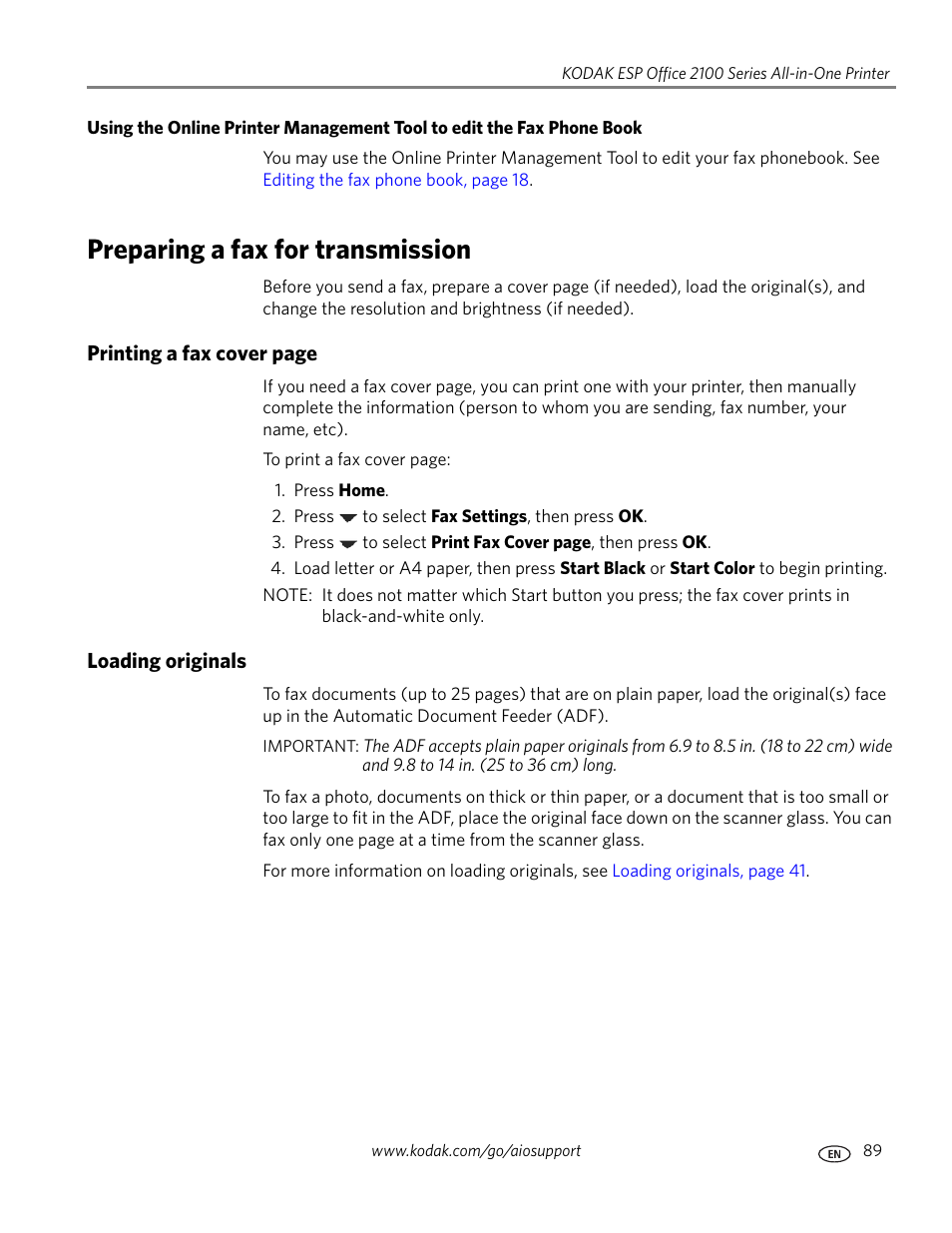 Preparing a fax for transmission, Loading originals | Kodak ESP OFFICE 2100 User Manual | Page 95 / 137