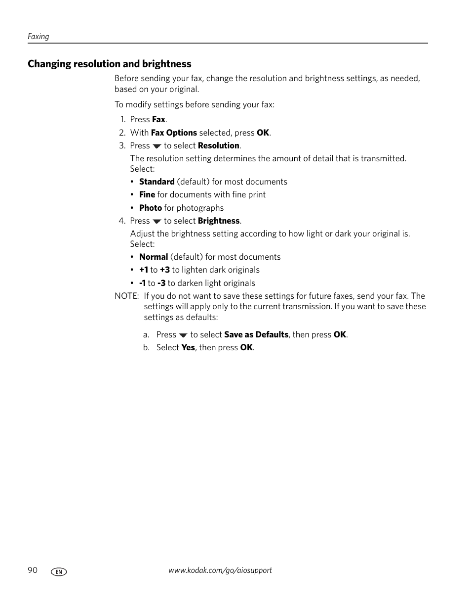 Changing resolution and brightness | Kodak ESP OFFICE 2100 User Manual | Page 96 / 137