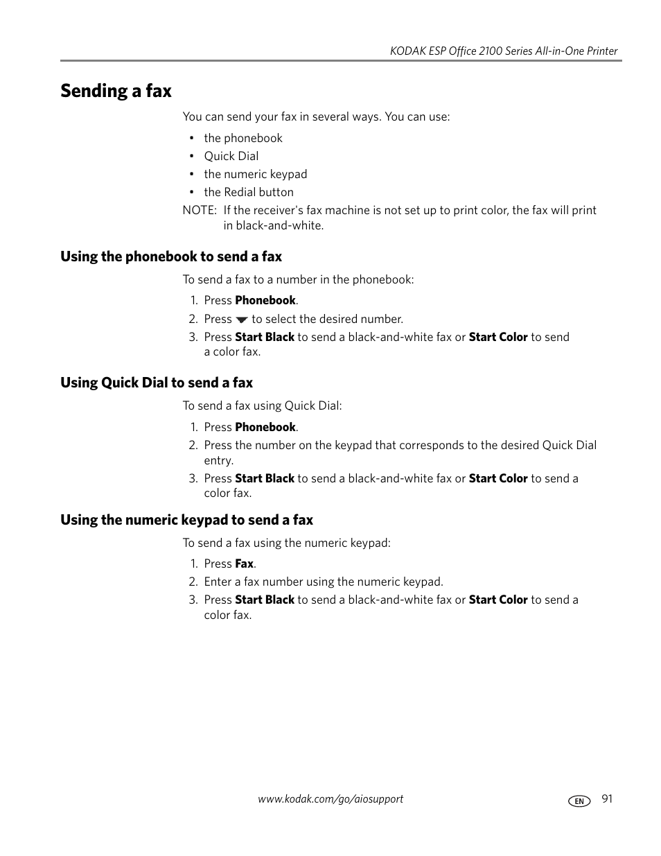 Sending a fax, Using the phonebook to send a fax, Using quick dial to send a fax | Using the numeric keypad to send a fax | Kodak ESP OFFICE 2100 User Manual | Page 97 / 137
