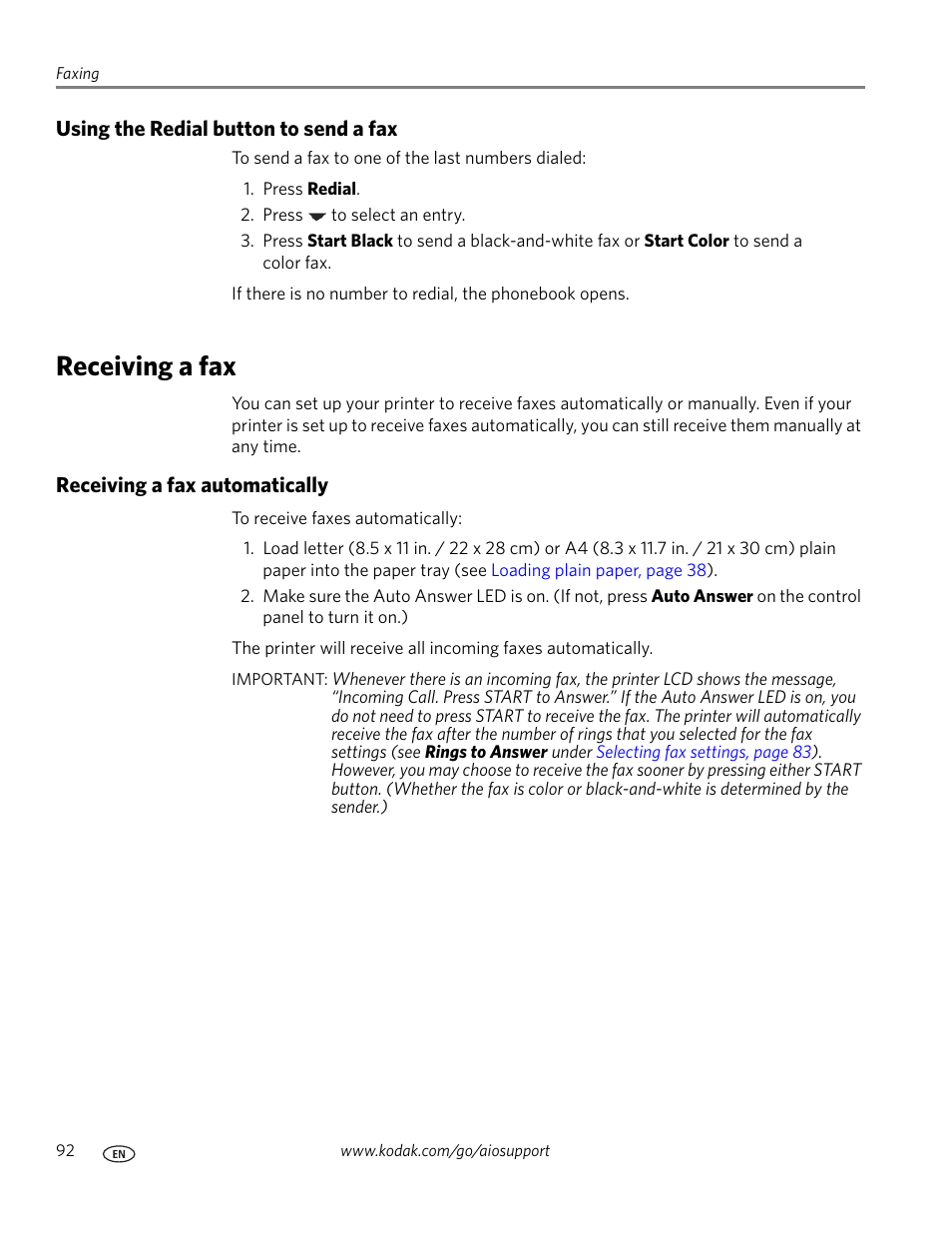 Using the redial button to send a fax, Receiving a fax, Receiving a fax automatically | Kodak ESP OFFICE 2100 User Manual | Page 98 / 137