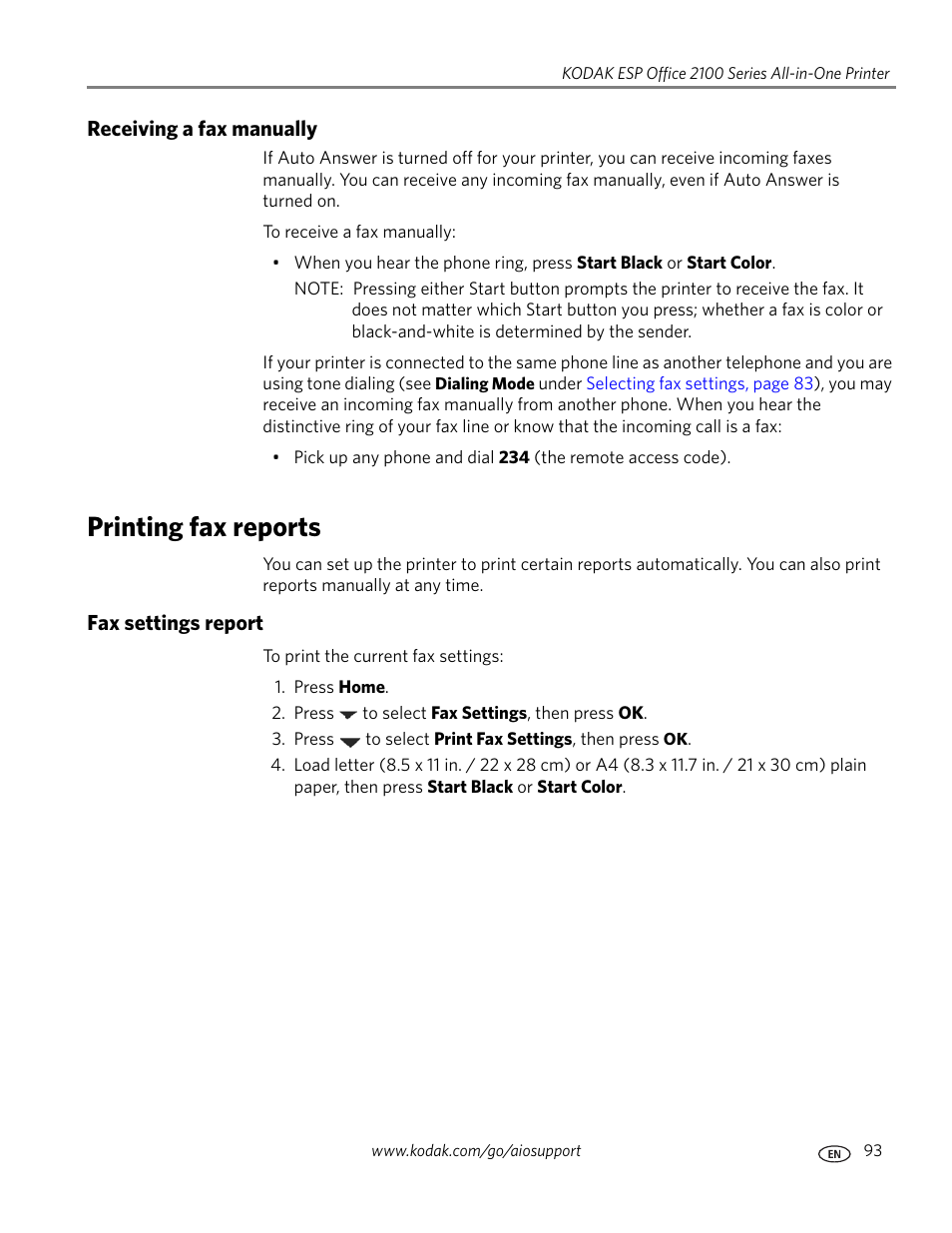 Receiving a fax manually, Printing fax reports, Fax settings report | Kodak ESP OFFICE 2100 User Manual | Page 99 / 137