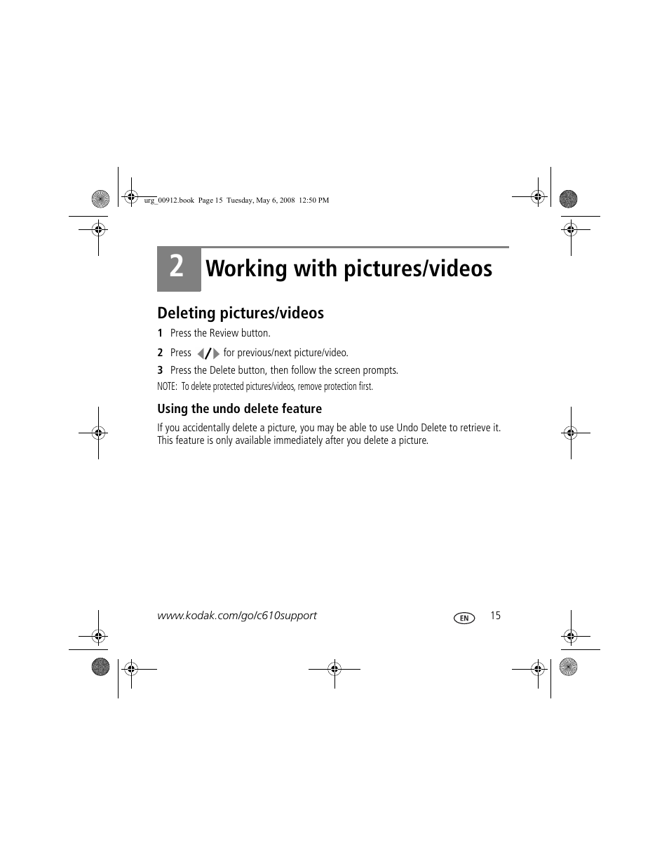 Working with pictures/videos, Deleting pictures/videos | Kodak C610 User Manual | Page 15 / 22