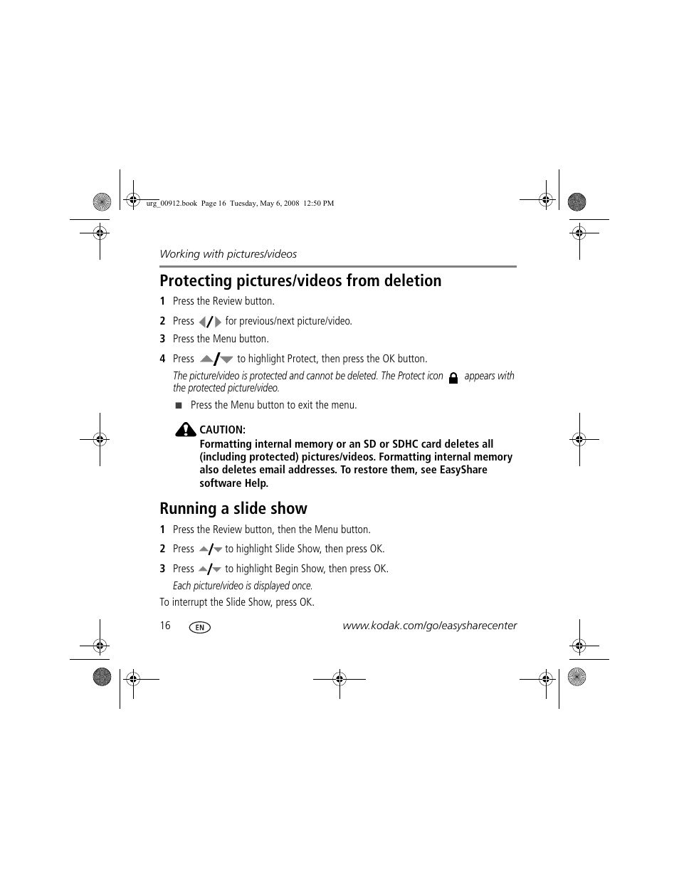 Protecting pictures/videos from deletion, Running a slide show | Kodak C610 User Manual | Page 16 / 22