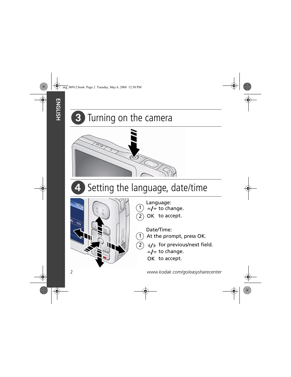 Turning on the camera, Setting the language, date/time | Kodak C610 User Manual | Page 2 / 22