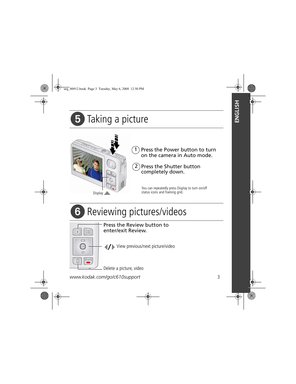 Taking a picture, Reviewing pictures/videos | Kodak C610 User Manual | Page 3 / 22