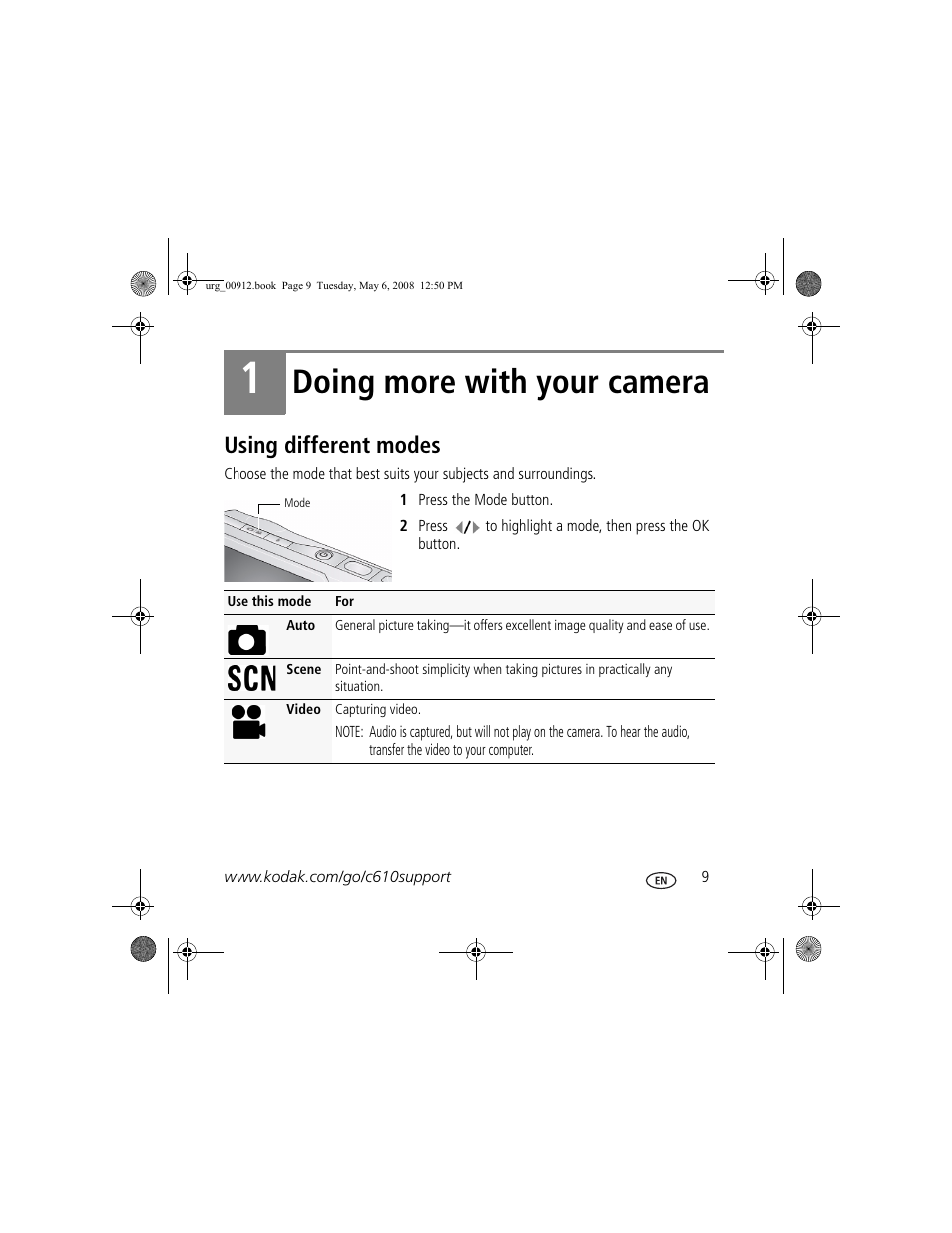 Doing more with your camera, Using different modes | Kodak C610 User Manual | Page 9 / 22