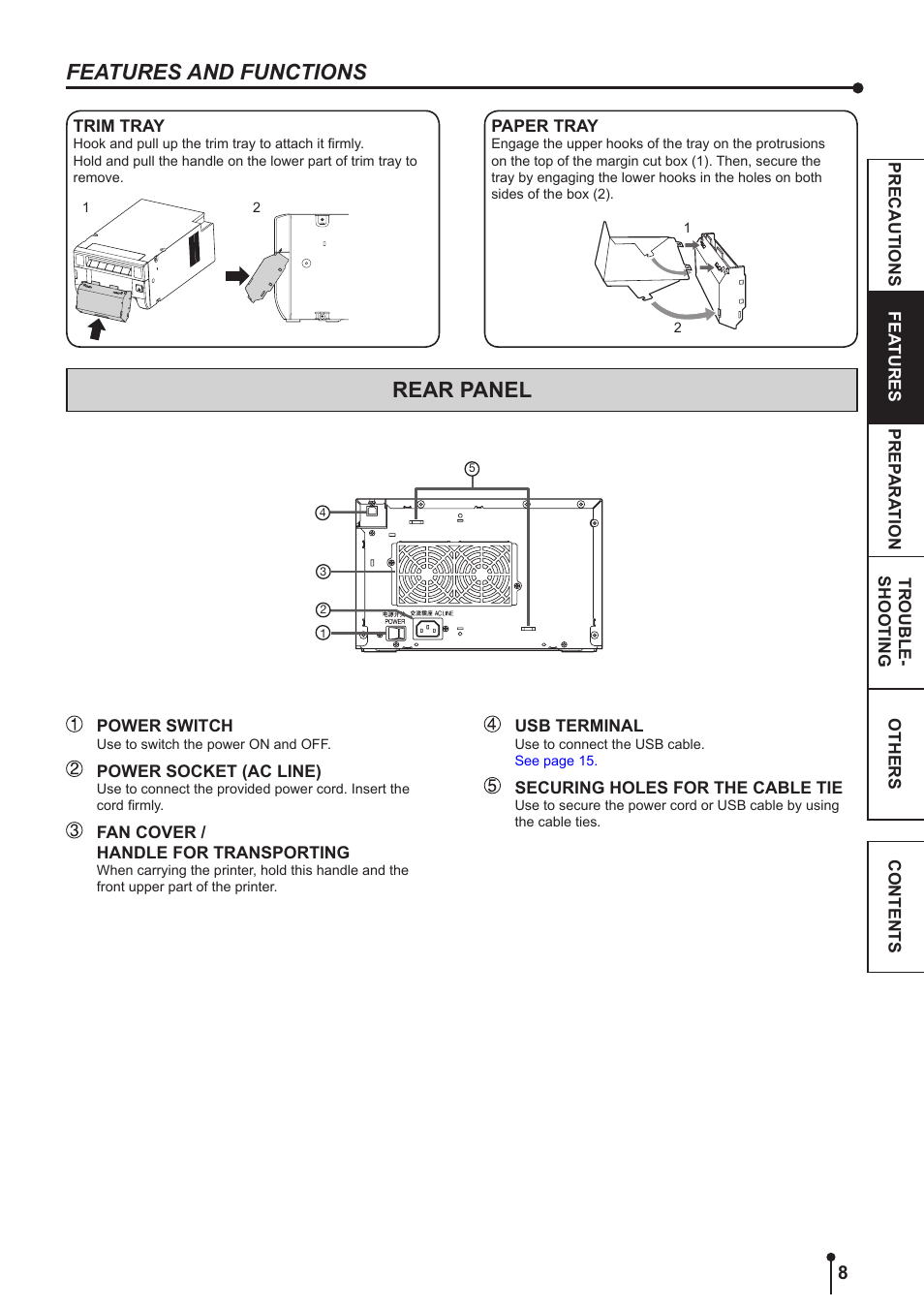 Rear panel, Rear panel features and functions | Kodak 305 User Manual | Page 11 / 26