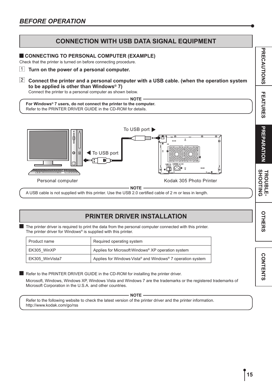Connection with usb data signal equipment, Printer driver installation | Kodak 305 User Manual | Page 18 / 26