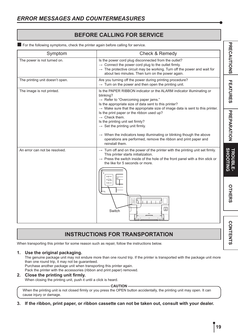 Before calling for service, Instructions for transportation, See “instructions for | Kodak 305 User Manual | Page 22 / 26