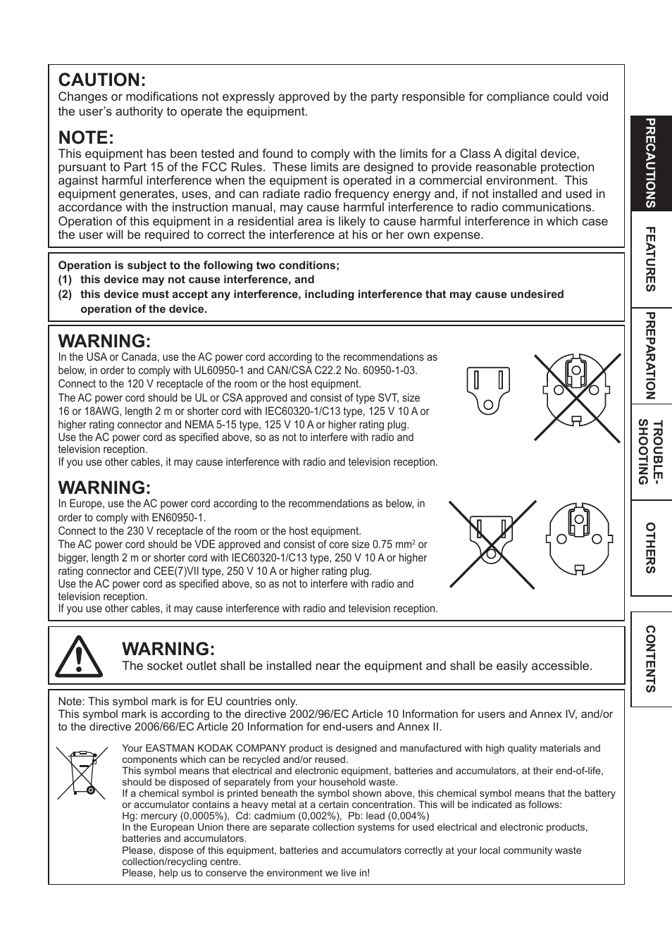 Caution, Warning | Kodak 305 User Manual | Page 3 / 26