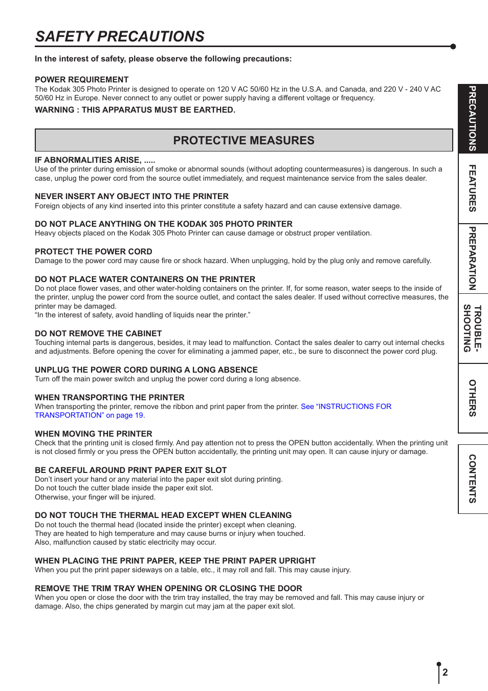 Precautions, Safety precautions -4, Safety precautions | Protective measures | Kodak 305 User Manual | Page 5 / 26