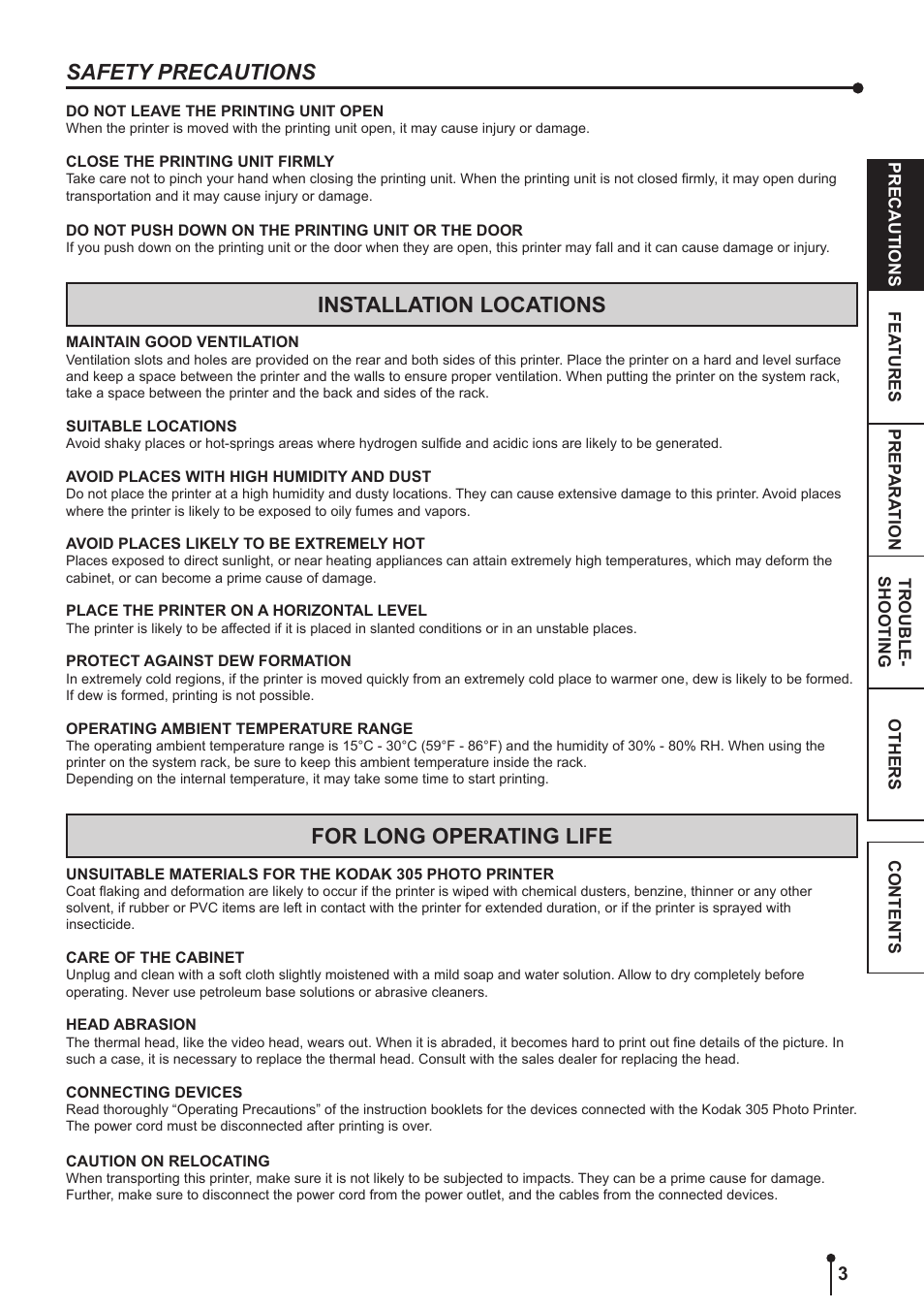 Installation locations, For long operating life, Safety precautions | Kodak 305 User Manual | Page 6 / 26
