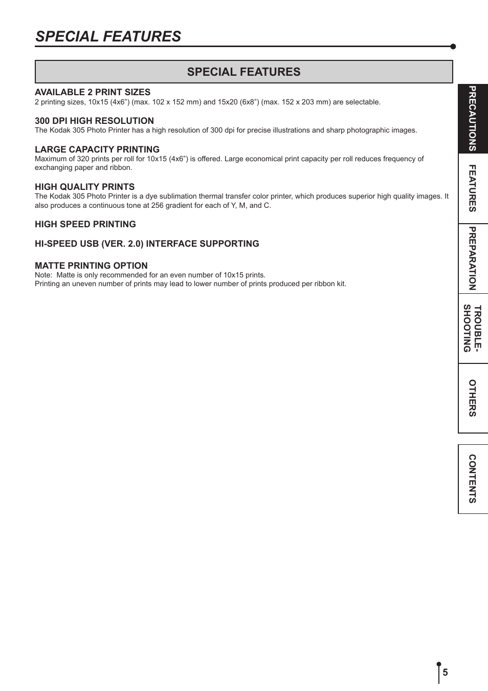 Special features | Kodak 305 User Manual | Page 8 / 26