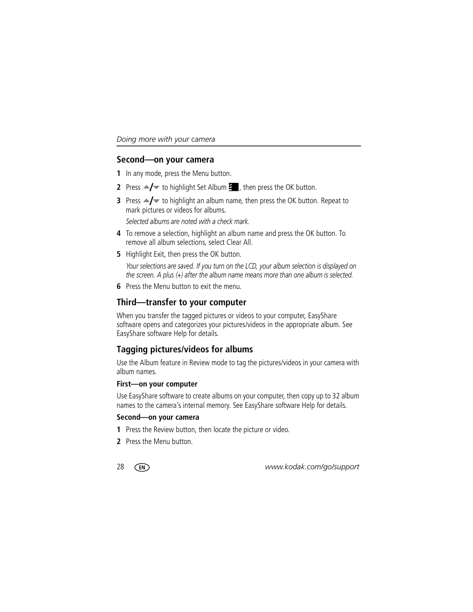 Second-on your camera, Third-transfer to your computer, Tagging pictures/videos for albums | First-on your computer | Kodak EasyShare C433 User Manual | Page 34 / 66