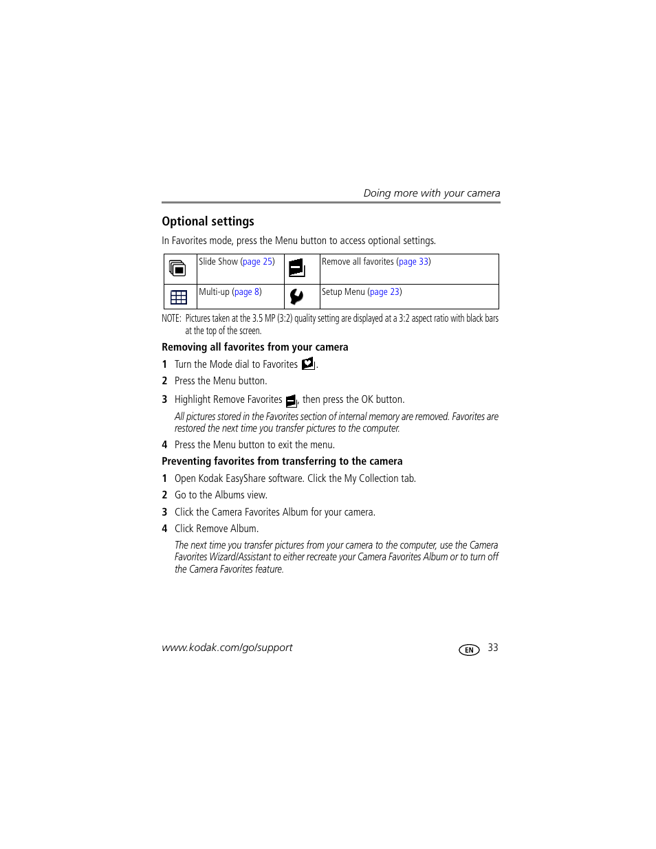 Optional settings, Removing all favorites from your camera | Kodak EasyShare C433 User Manual | Page 39 / 66