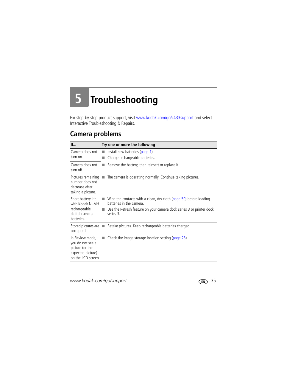 Troubleshooting, Camera problems, 5 troubleshooting | Kodak EasyShare C433 User Manual | Page 41 / 66