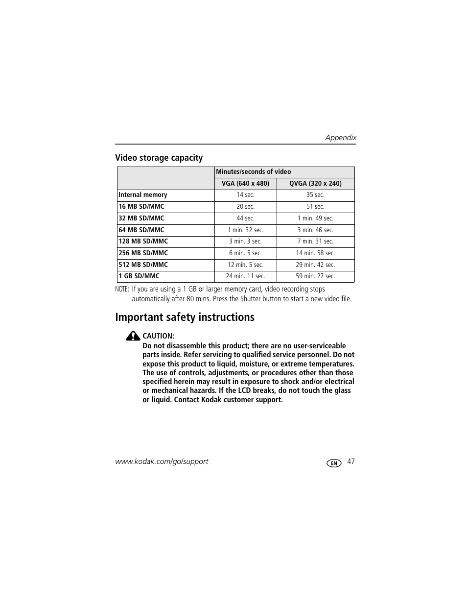 Video storage capacity, Important safety instructions | Kodak EasyShare C433 User Manual | Page 53 / 66