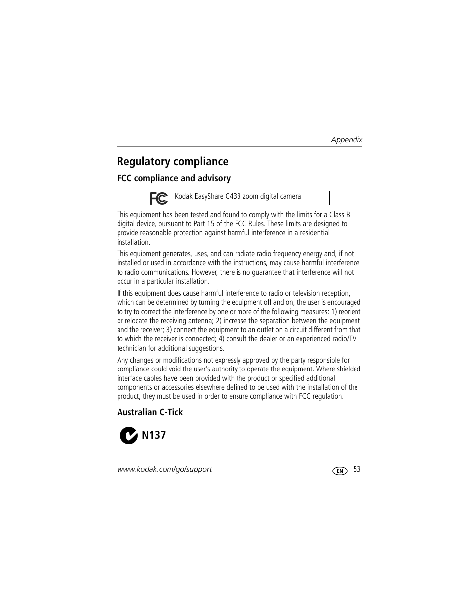 Regulatory compliance, Fcc compliance and advisory, Australian c-tick | N137 | Kodak EasyShare C433 User Manual | Page 59 / 66