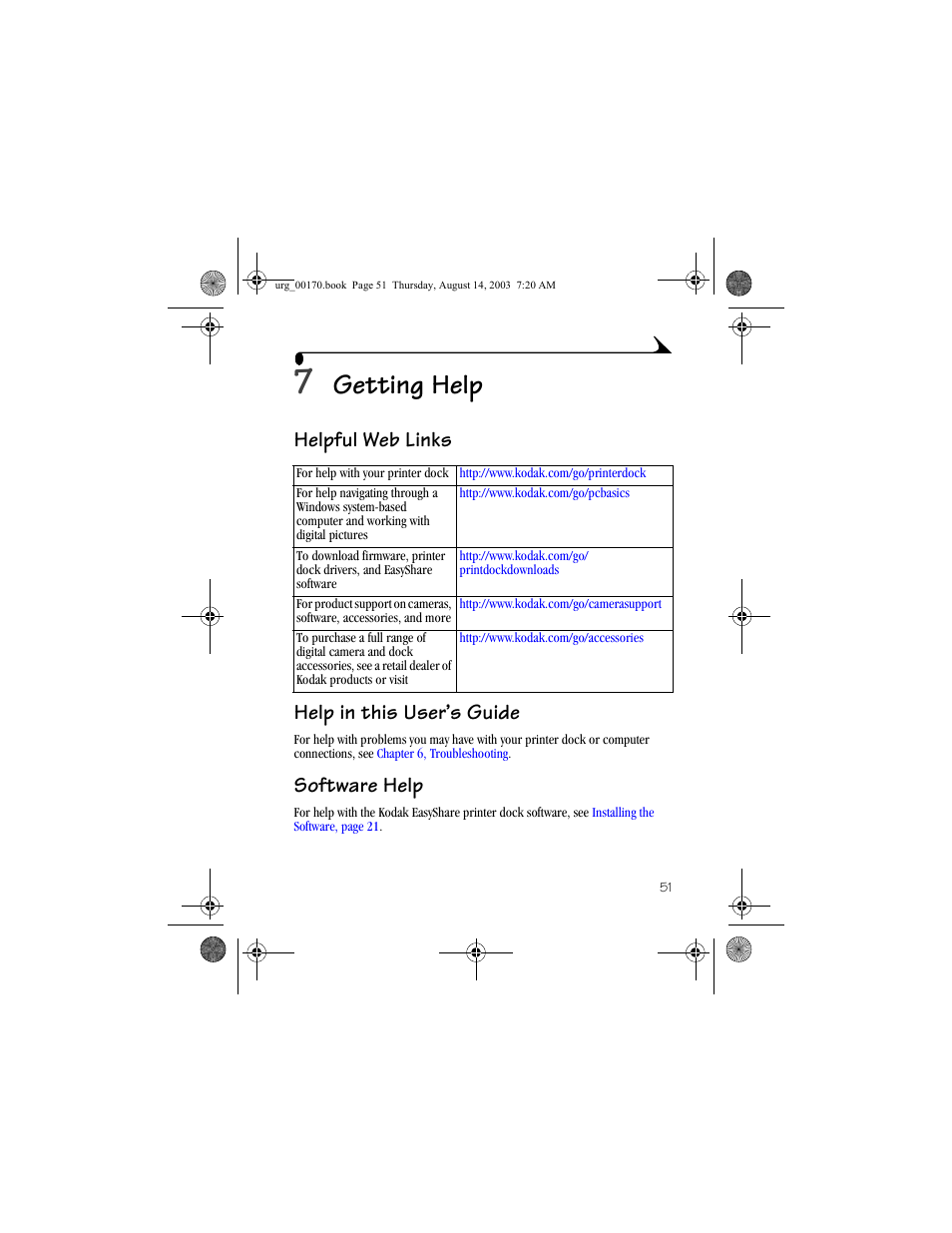 7 getting help, Helpful web links, Help in this user’s guide | Software help, Helpful web links help in this user’s guide, Getting help | Kodak 4000 User Manual | Page 61 / 76
