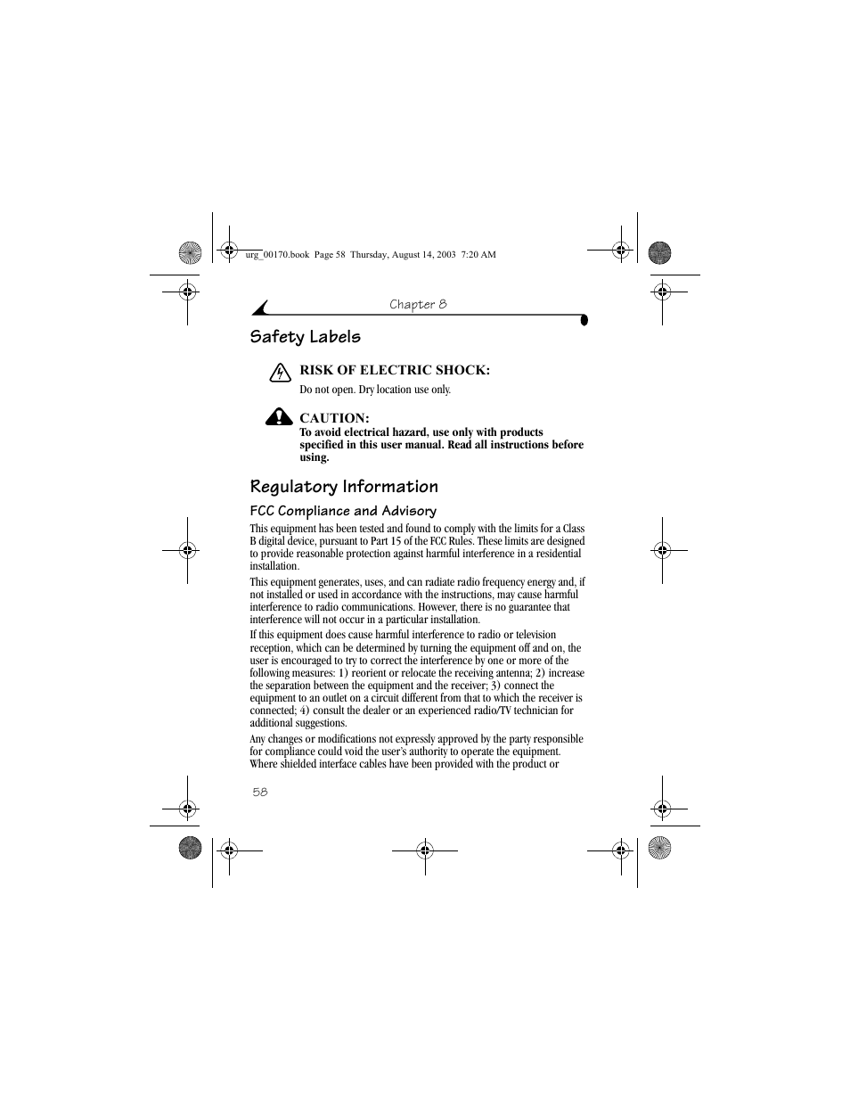 Safety labels, Regulatory information, Fcc compliance and advisory | Safety labels regulatory information | Kodak 4000 User Manual | Page 68 / 76