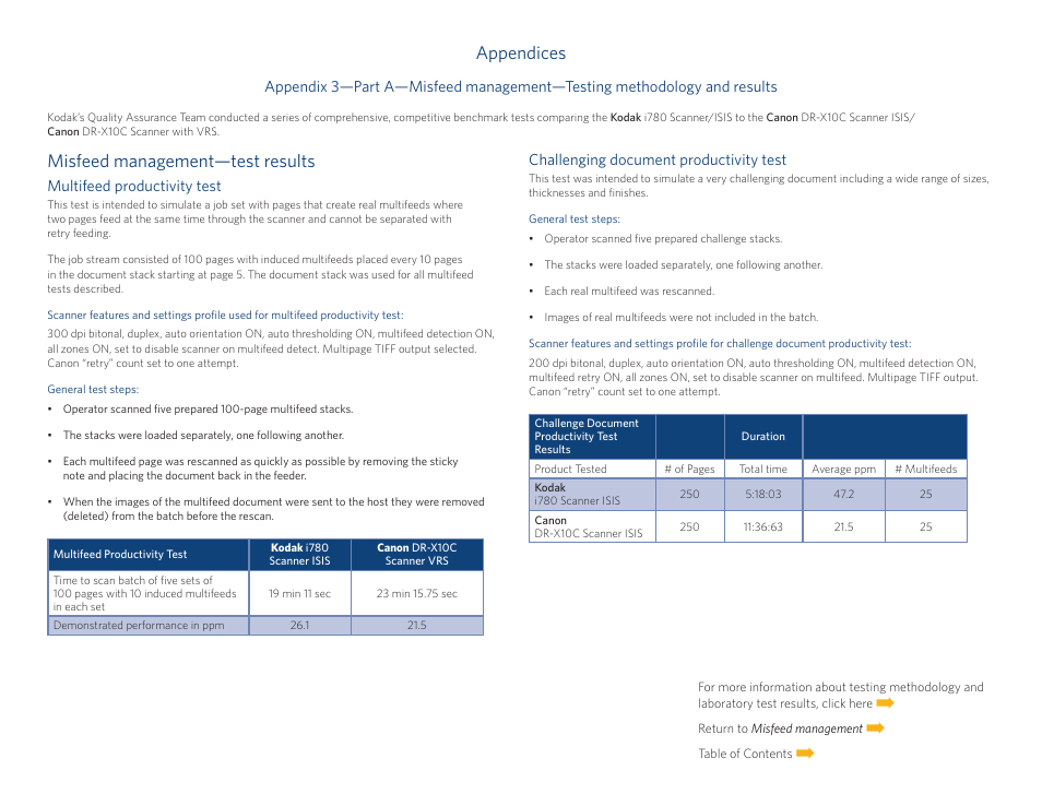 Ement appendix, Appendices, Misfeed management—test results | Kodak I780 User Manual | Page 12 / 34