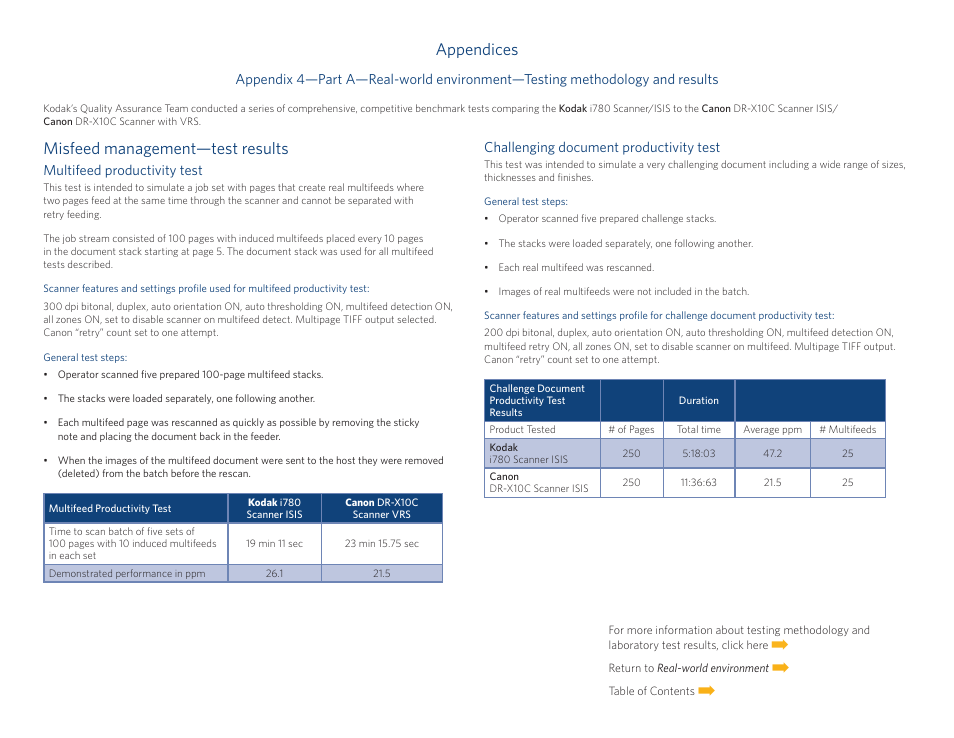 Onment appendix, Enarios, click here, Appendices | Misfeed management—test results | Kodak I780 User Manual | Page 23 / 34