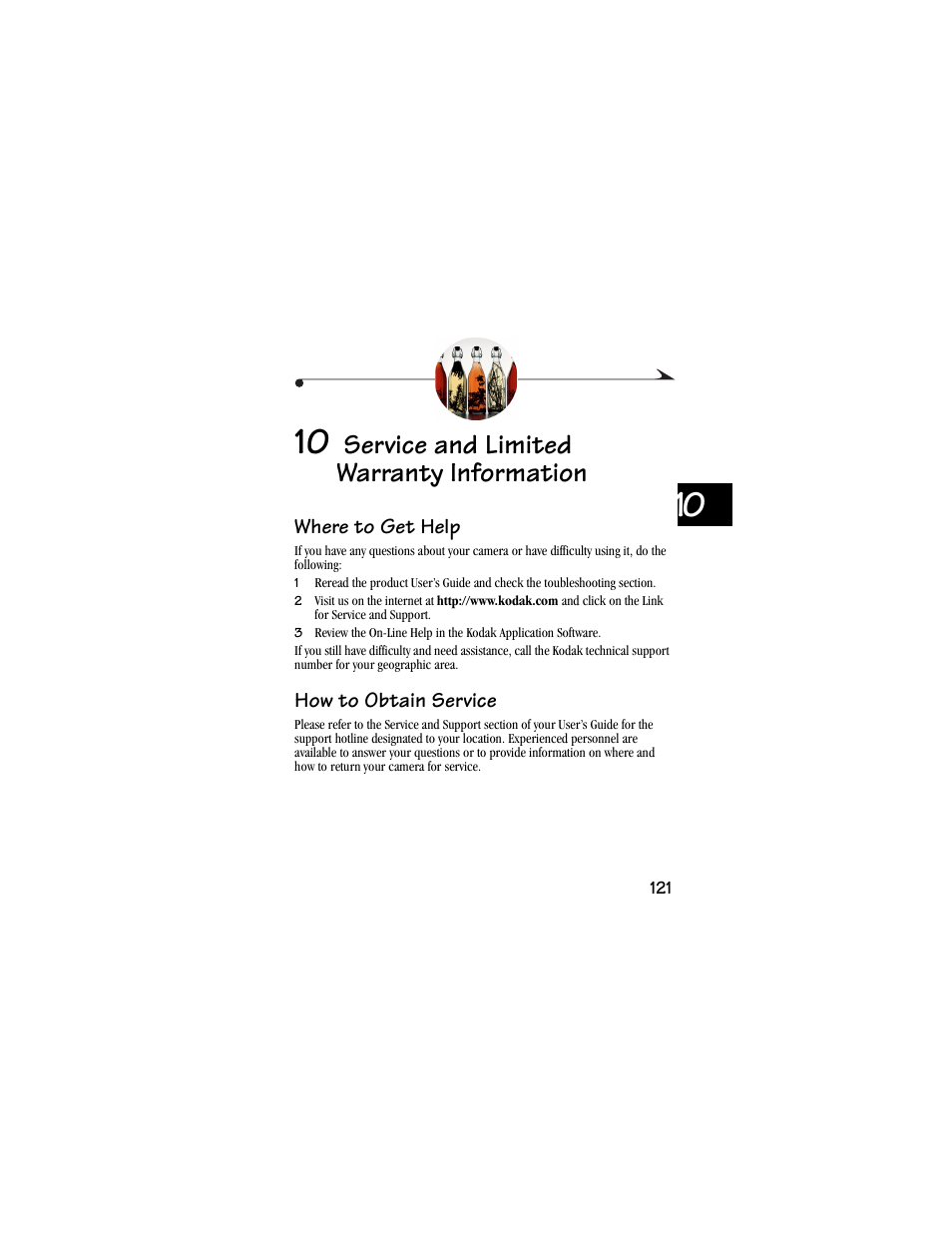 10 service and limited warranty information, Where to get help, How to obtain service | Service and limited warranty information | Kodak DC3400 User Manual | Page 129 / 156
