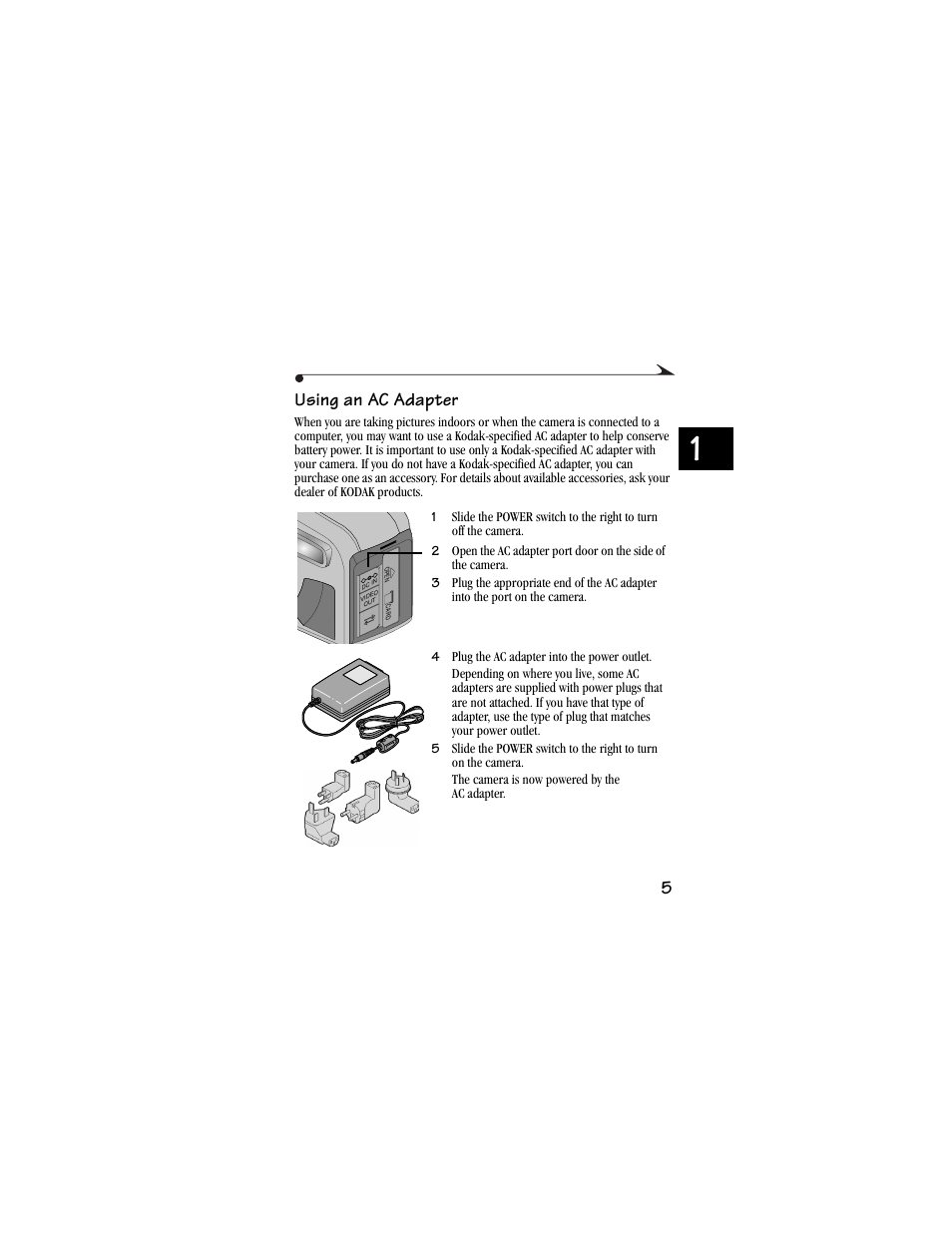 Using an ac adapter, 5using an ac adapter | Kodak DC3400 User Manual | Page 13 / 156