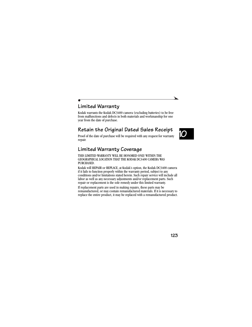 Limited warranty, Retain the original dated sales receipt, Limited warranty coverage | Kodak DC3400 User Manual | Page 131 / 156