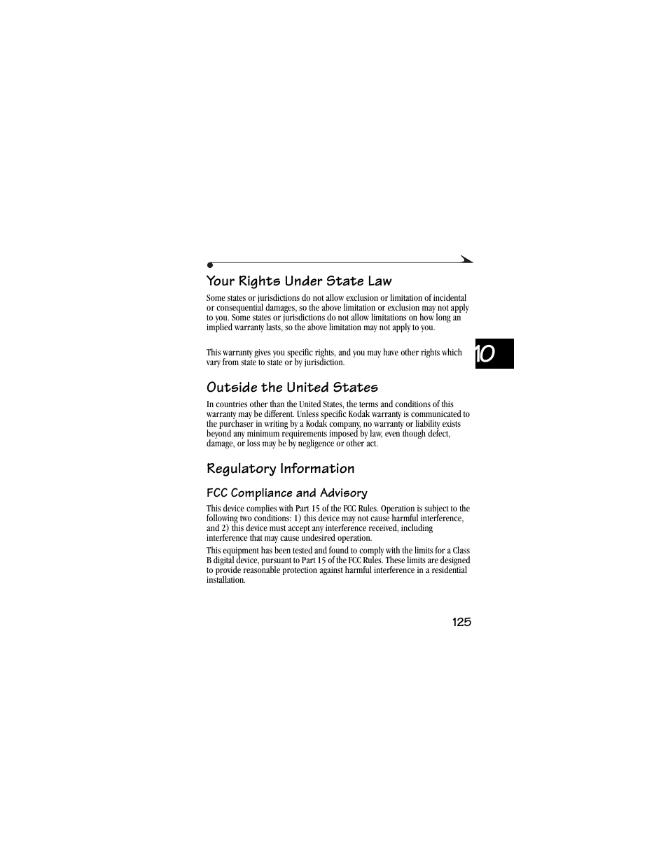 Your rights under state law, Outside the united states, Regulatory information | Fcc compliance and advisory | Kodak DC3400 User Manual | Page 133 / 156