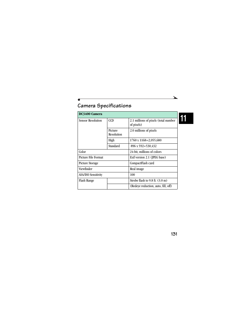 Camera specifications | Kodak DC3400 User Manual | Page 139 / 156