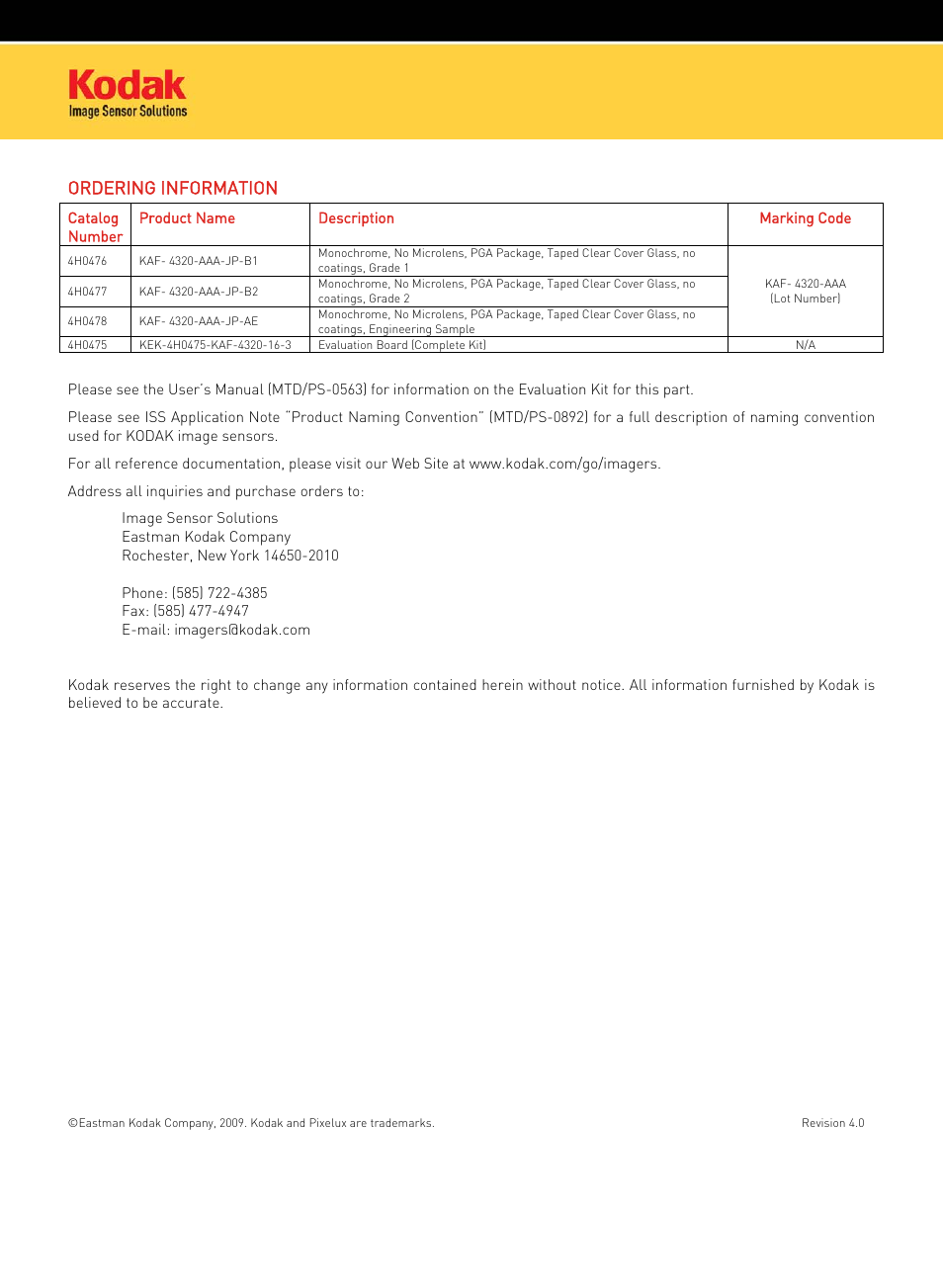 Ordering information | Kodak IMAGE SENSOR KAF-4320 User Manual | Page 2 / 2
