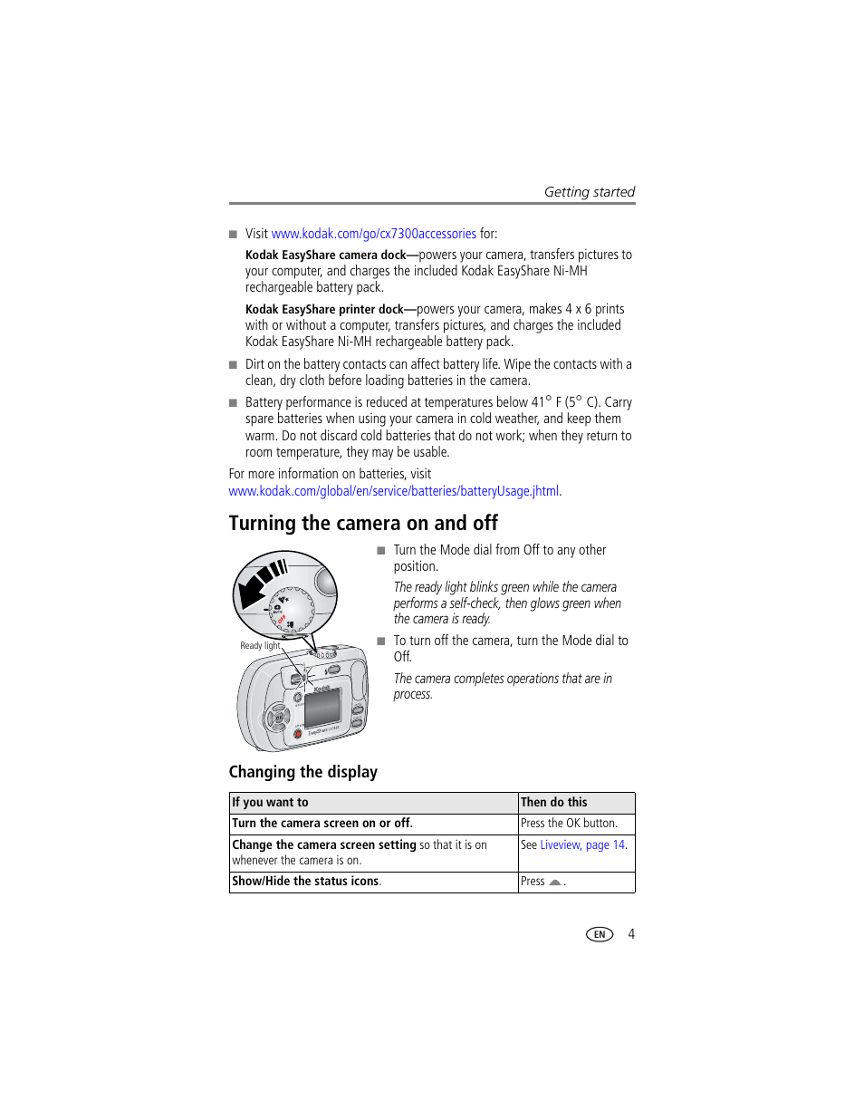 Turning the camera on and off, Changing the display | Kodak CX7300 User Manual | Page 11 / 55