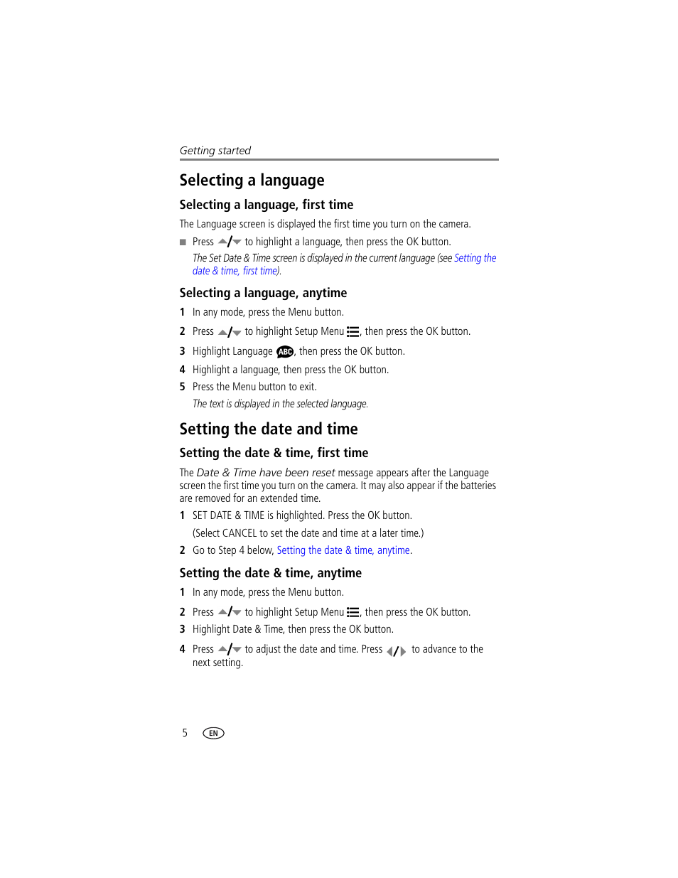 Selecting a language, Selecting a language, first time, Selecting a language, anytime | Setting the date and time, Setting the date & time, first time, Setting the date & time, anytime, Selecting a language setting the date and time | Kodak CX7300 User Manual | Page 12 / 55
